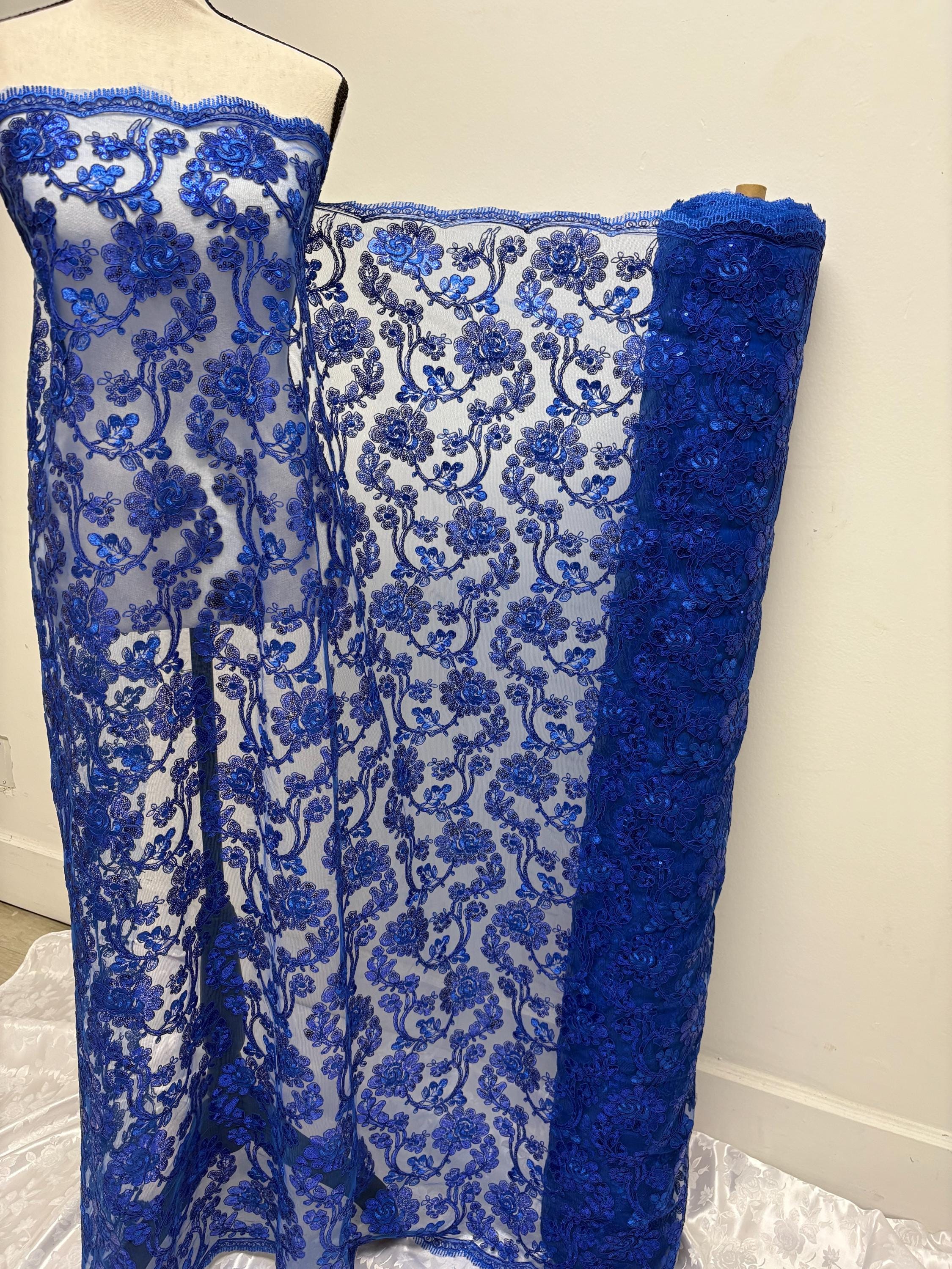Royal Blue Lace fabric design 5397, double scalloped sequins embroidery color width 49/50".