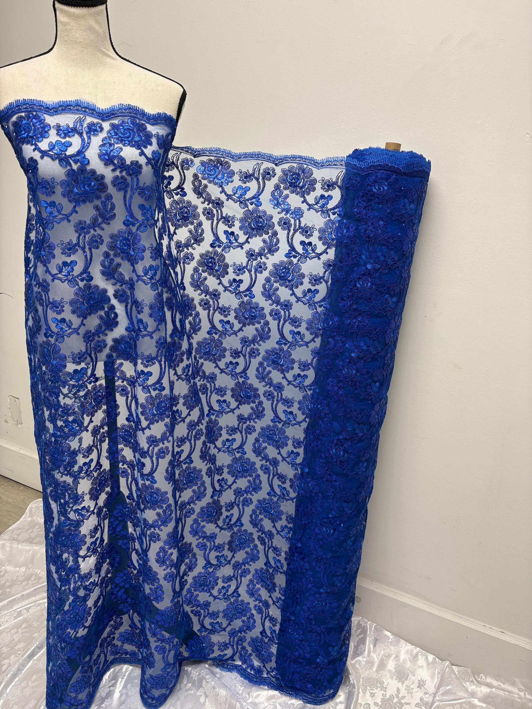 Royal Blue Lace fabric design 5397, double scalloped sequins embroidery color width 49/50".