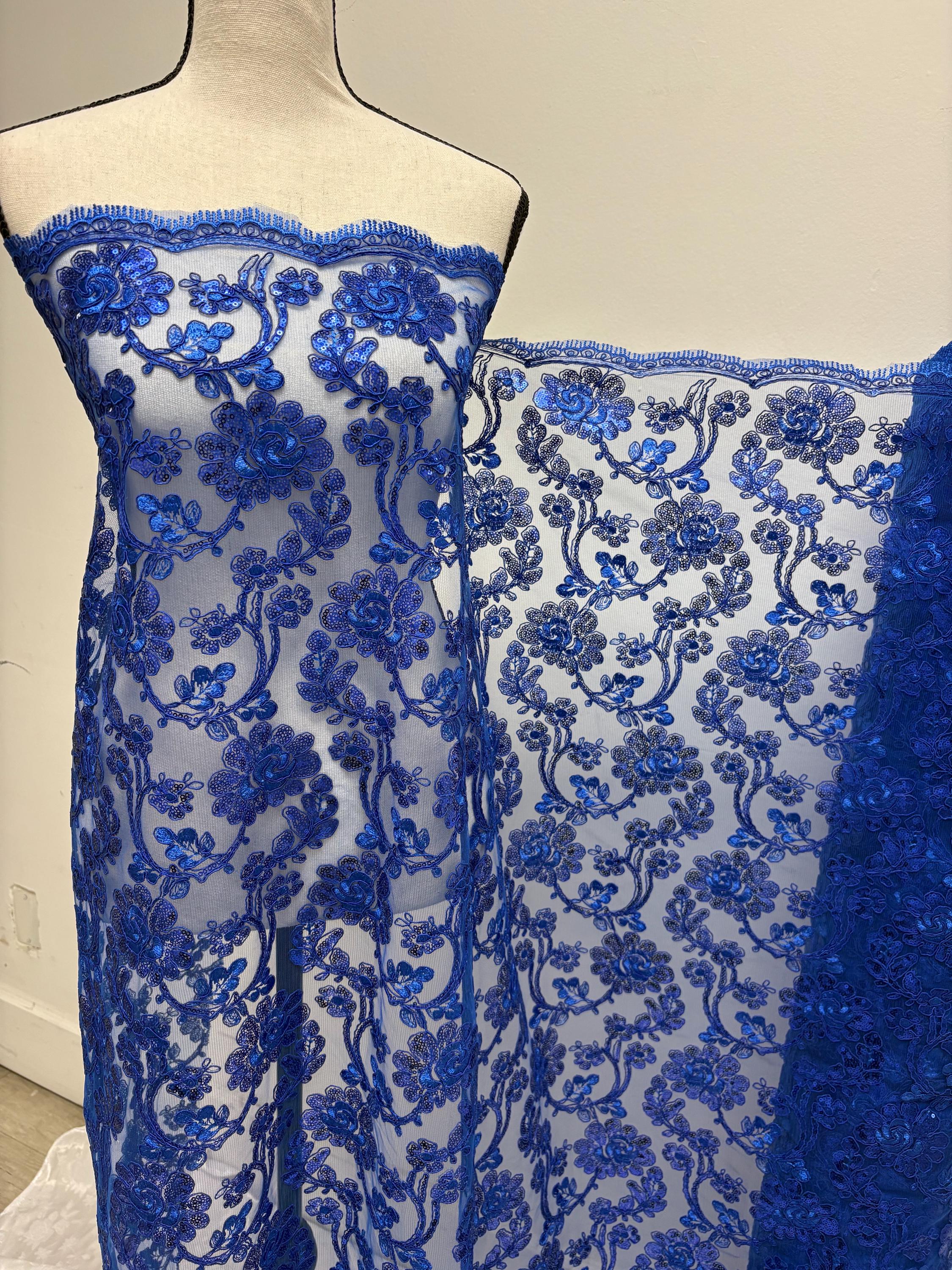 Royal Blue Lace fabric design 5397, double scalloped sequins embroidery color width 49/50".