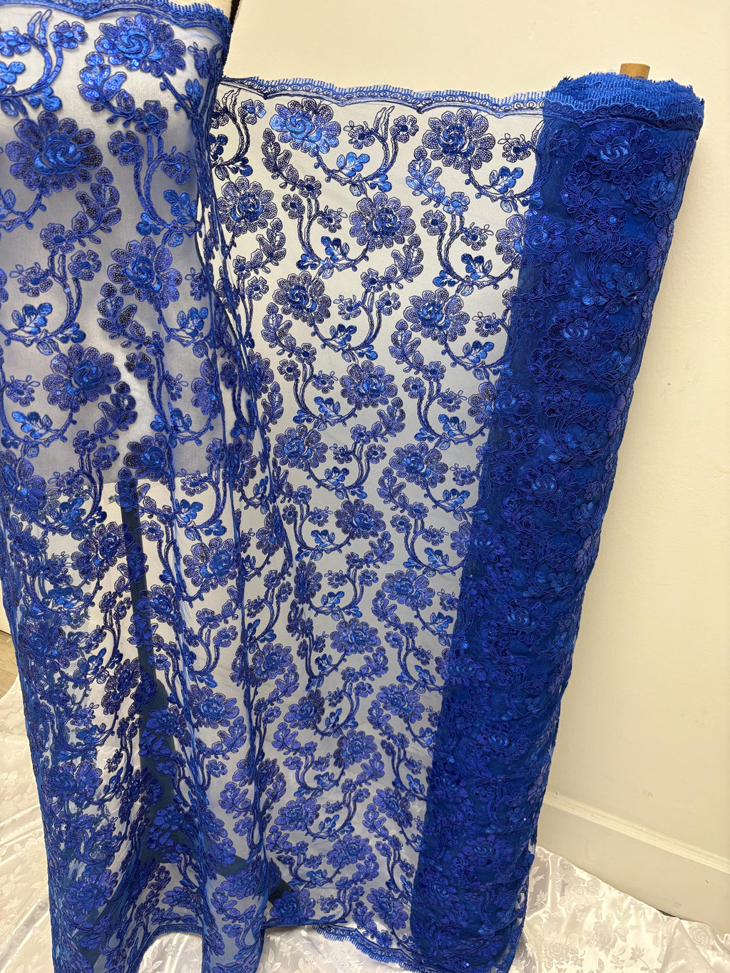 Royal Blue Lace fabric design 5397, double scalloped sequins embroidery color width 49/50".