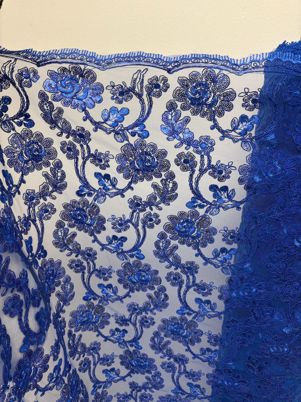 Royal Blue Lace fabric design 5397, double scalloped sequins embroidery color width 49/50".