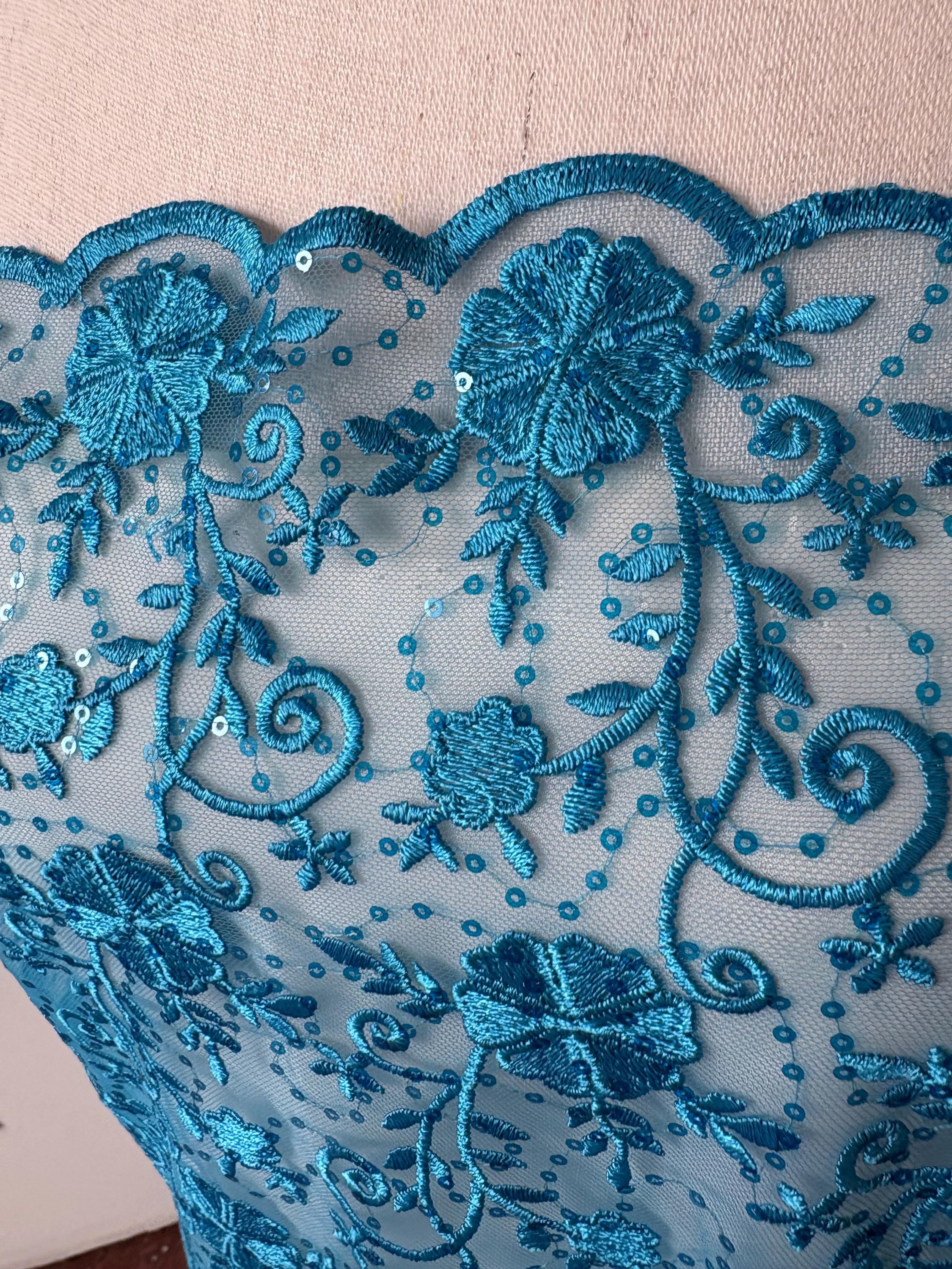 Turquoise lace fabric double scalloped embroidery sequence width 49". Design 04331279. shop with confidence ask fro free sample.