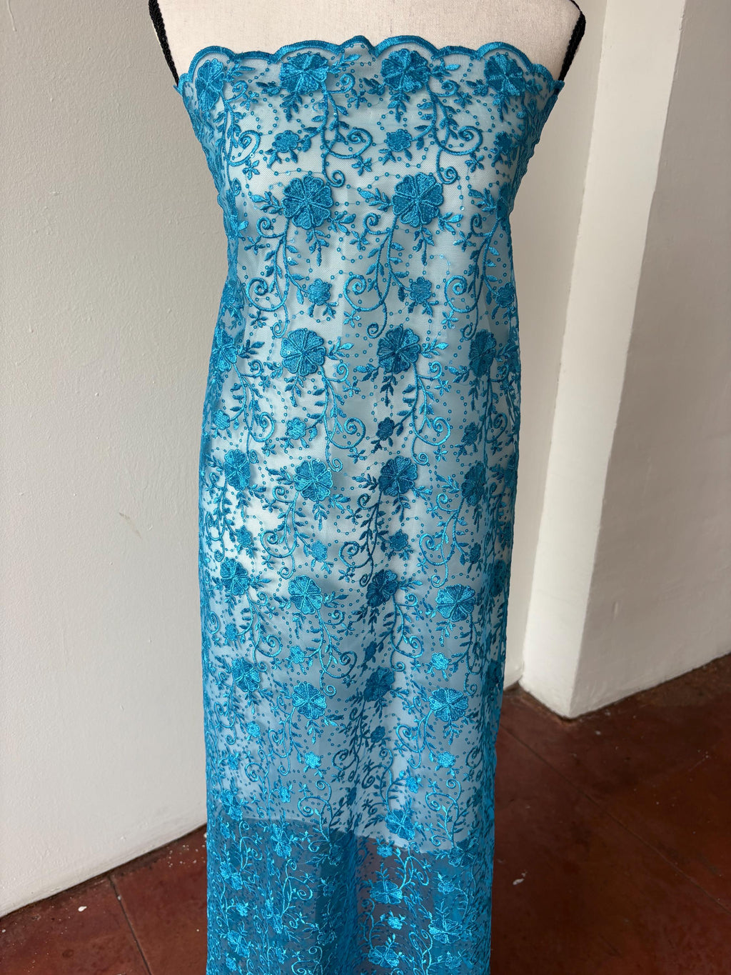 Turquoise lace fabric double scalloped embroidery sequence width 49". Design 04331279. shop with confidence ask fro free sample.
