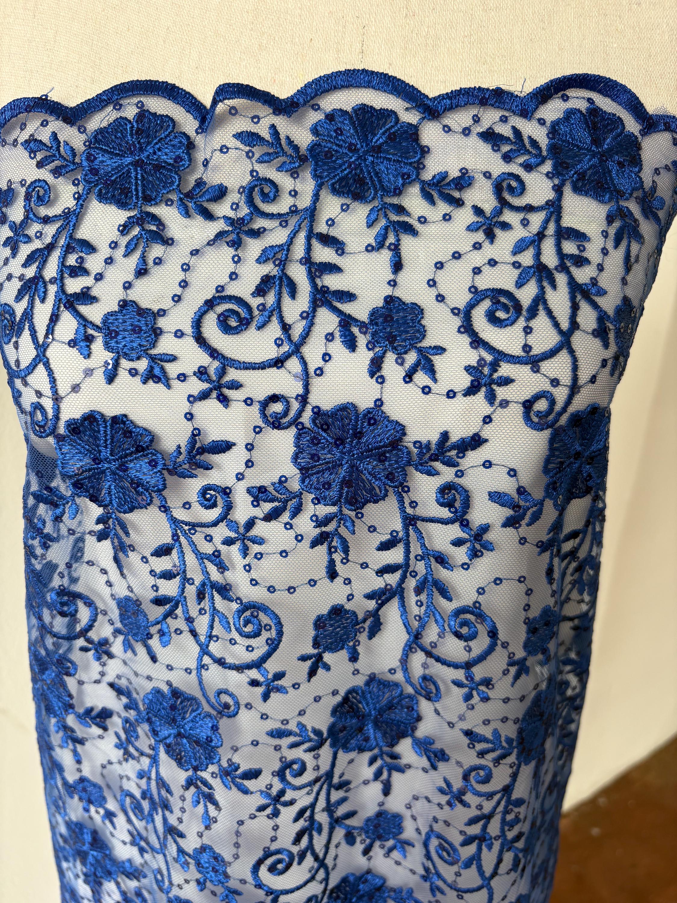 Turquoise lace fabric double scalloped embroidery sequence width 49". Design 04331279. shop with confidence ask fro free sample.