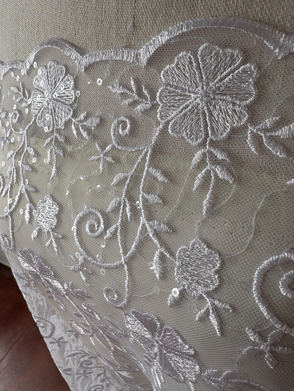 White lace fabric double scalloped embroidery sequence width 49". Design 04331279. shop with confidence ask fro free sample.