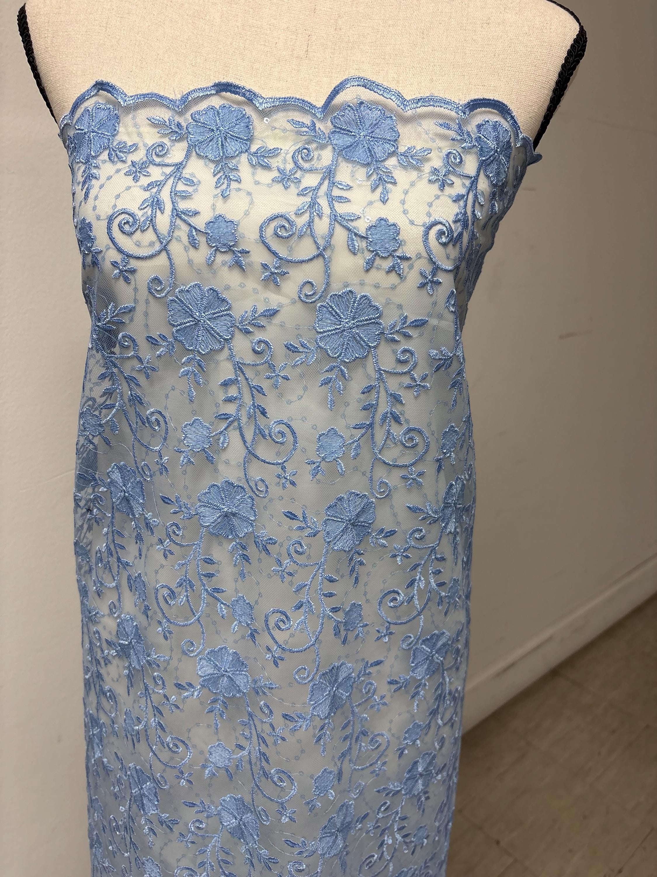 Blue lace fabric double scalloped embroidery sequence width 49". Design 04331279. shop with confidence ask fro free sample.