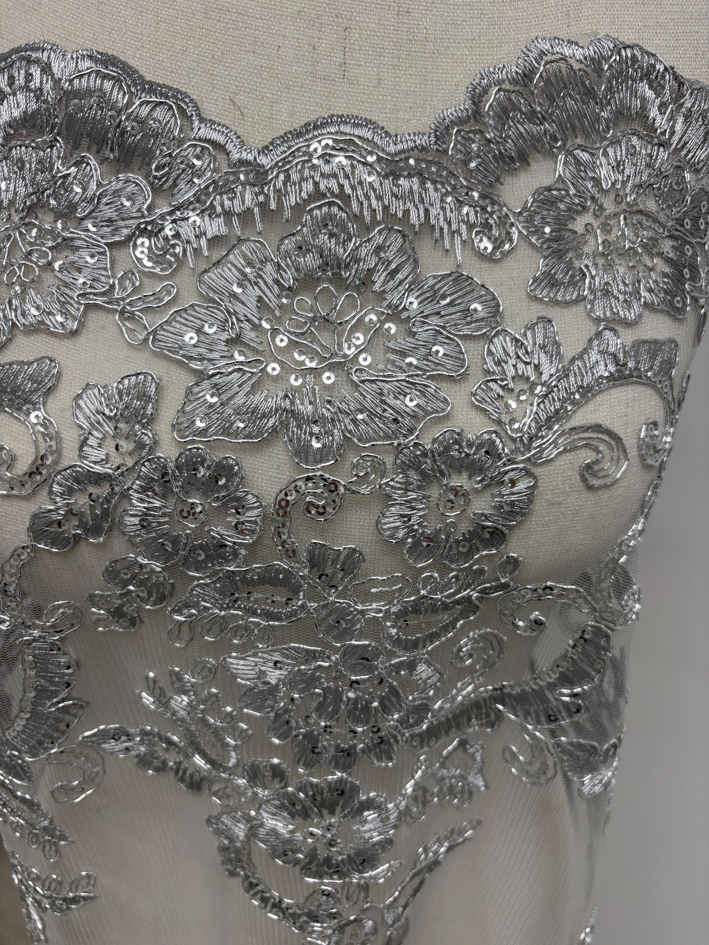 Lace Design#US50 color grey width 49/50 inches, Double scalloped Sequence Embroidery. 49/50". free sample.