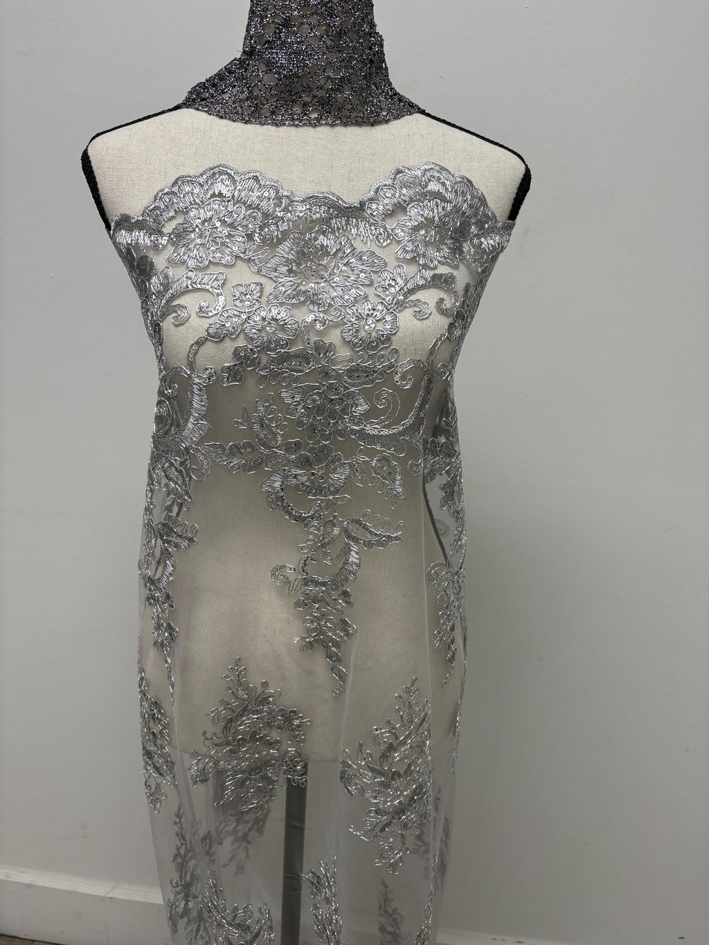 Lace Design#US50 color grey width 49/50 inches, Double scalloped Sequence Embroidery. 49/50". free sample.