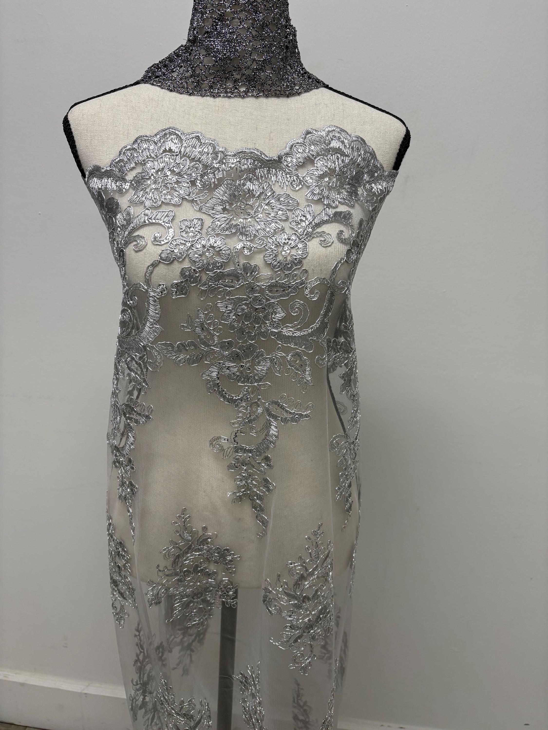 Lace Design#US50 color grey width 49/50 inches, Double scalloped Sequence Embroidery. 49/50". free sample.