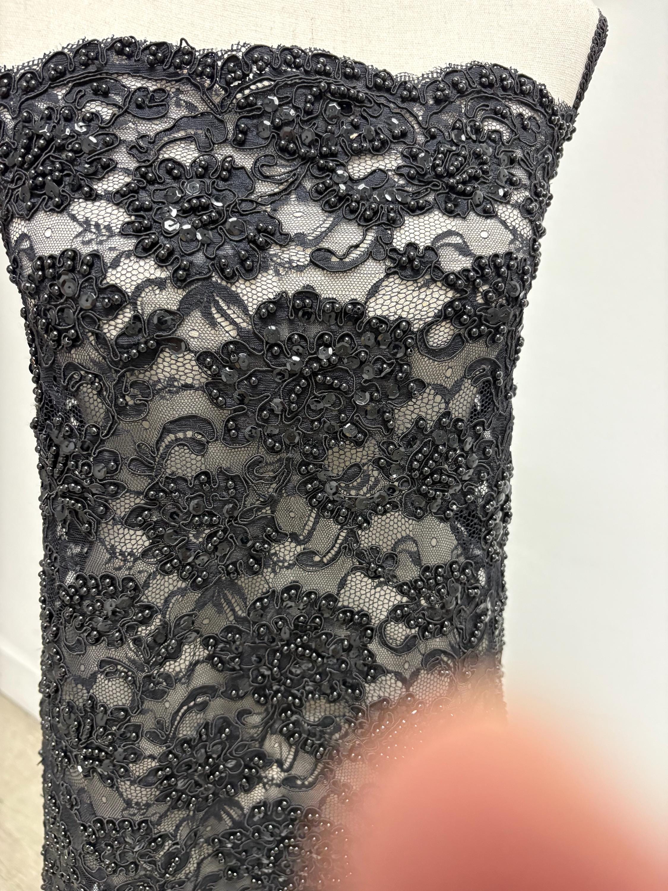 Black Beaded lace, Double scalloped Sequence Beaded Embroidery width 49/50" design# Beaded Lace. free sample.