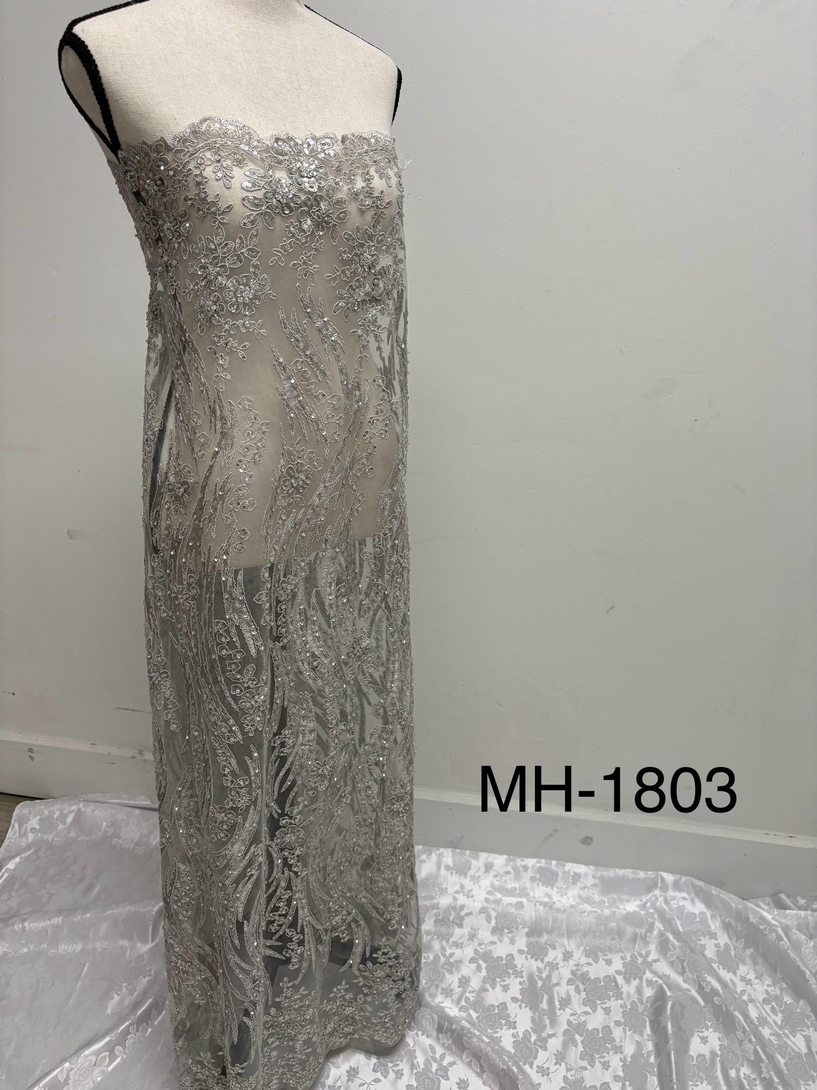 Silver Gray Beaded lace, Double scalloped Sequence Beaded Embroidery width 49/50" design MH-1803. free sample.