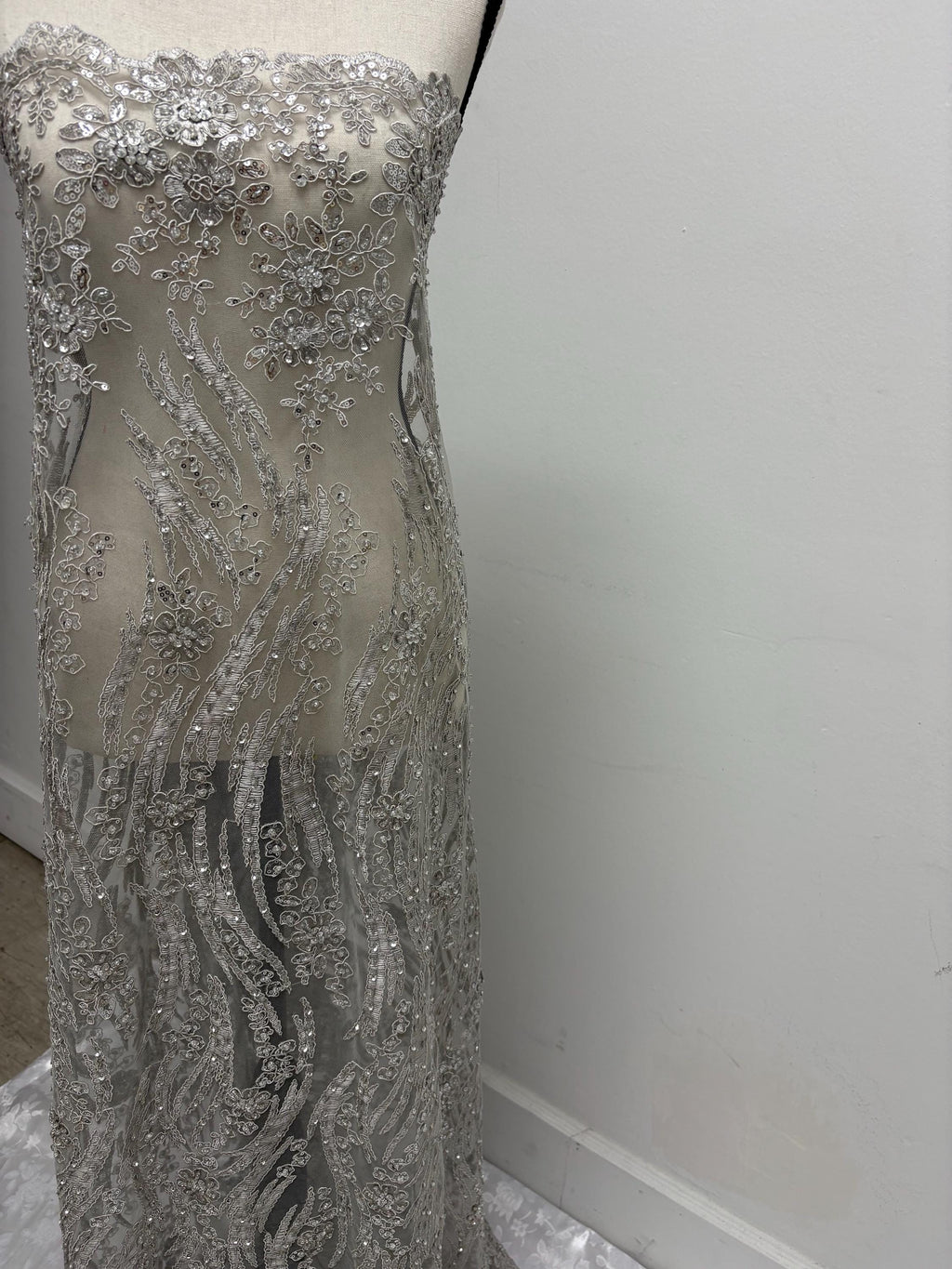 Silver Gray Beaded lace, Double scalloped Sequence Beaded Embroidery width 49/50" design MH-1803. free sample.