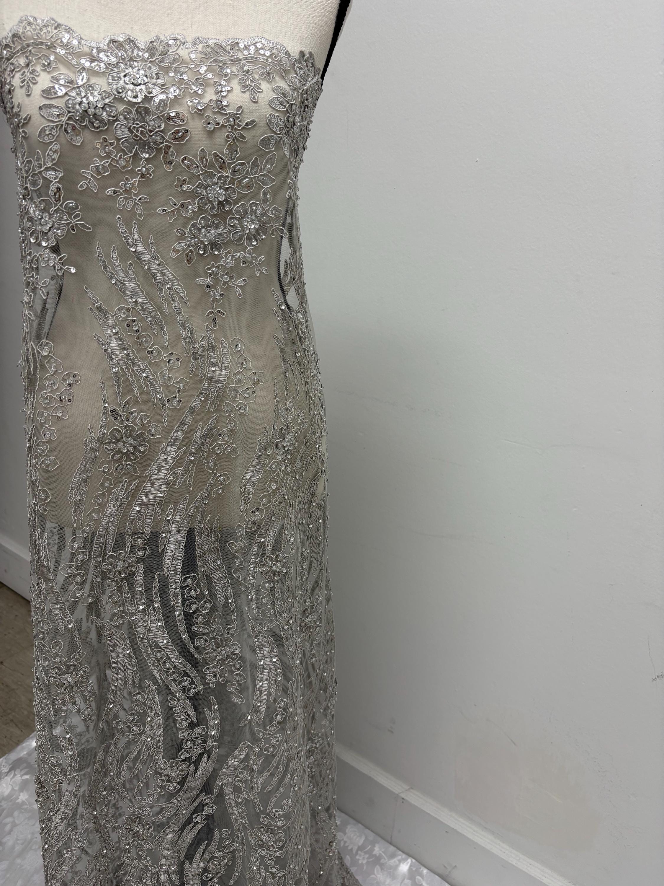 Silver Gray Beaded lace, Double scalloped Sequence Beaded Embroidery width 49/50" design MH-1803. free sample.