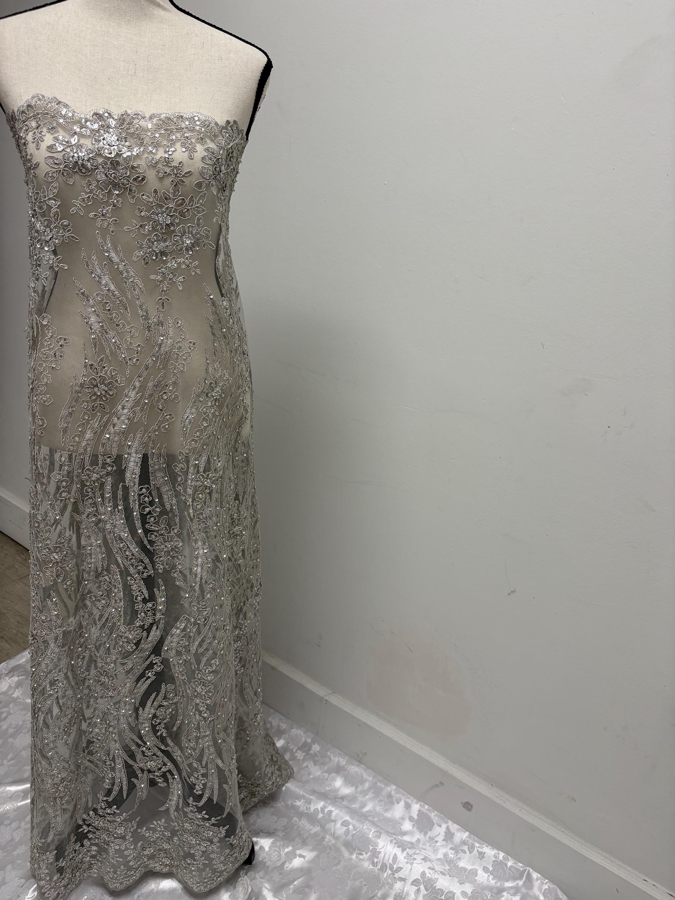 Silver Gray Beaded lace, Double scalloped Sequence Beaded Embroidery width 49/50" design MH-1803. free sample.