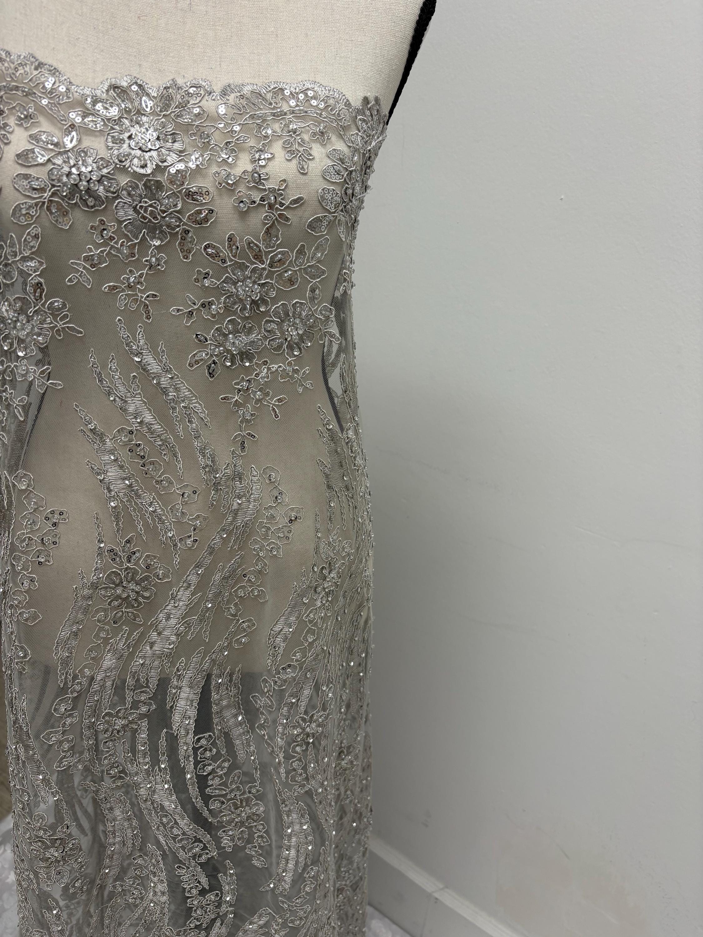 Silver Gray Beaded lace, Double scalloped Sequence Beaded Embroidery width 49/50" design MH-1803. free sample.