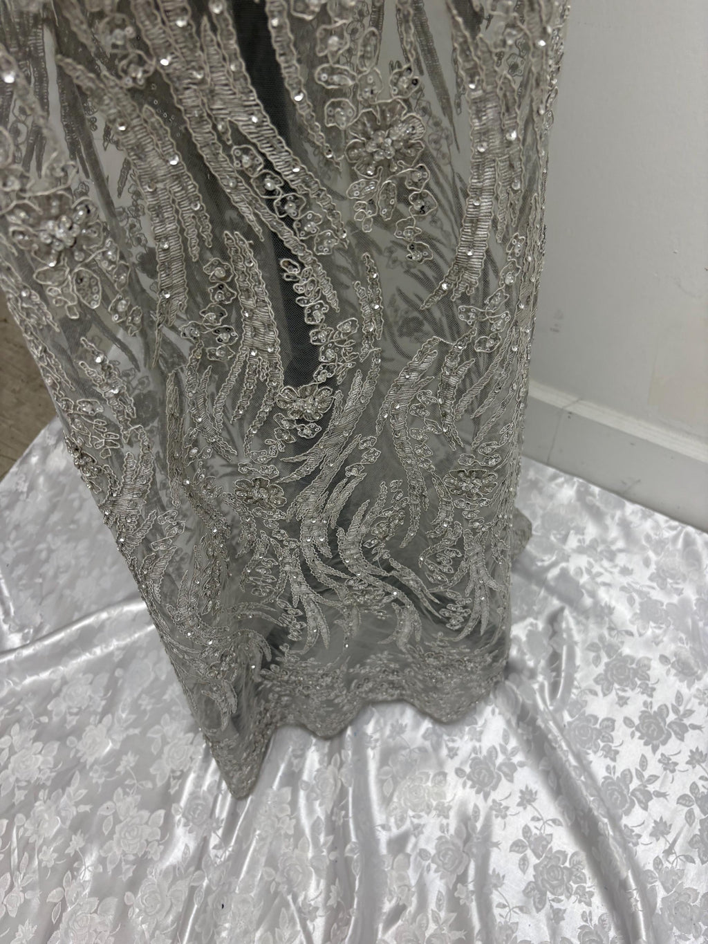Silver Gray Beaded lace, Double scalloped Sequence Beaded Embroidery width 49/50" design MH-1803. free sample.