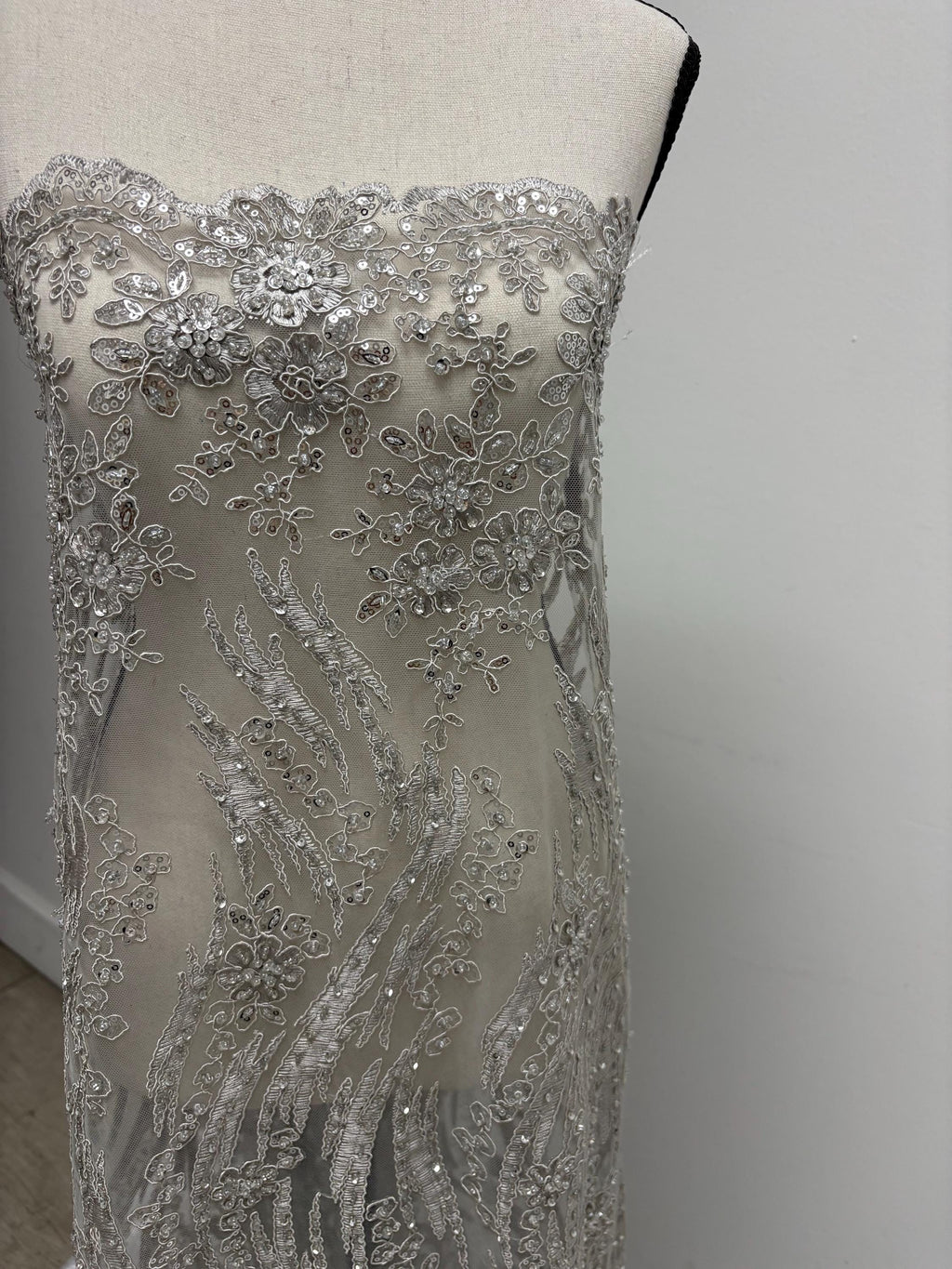 Silver Gray Beaded lace, Double scalloped Sequence Beaded Embroidery width 49/50" design MH-1803. free sample.