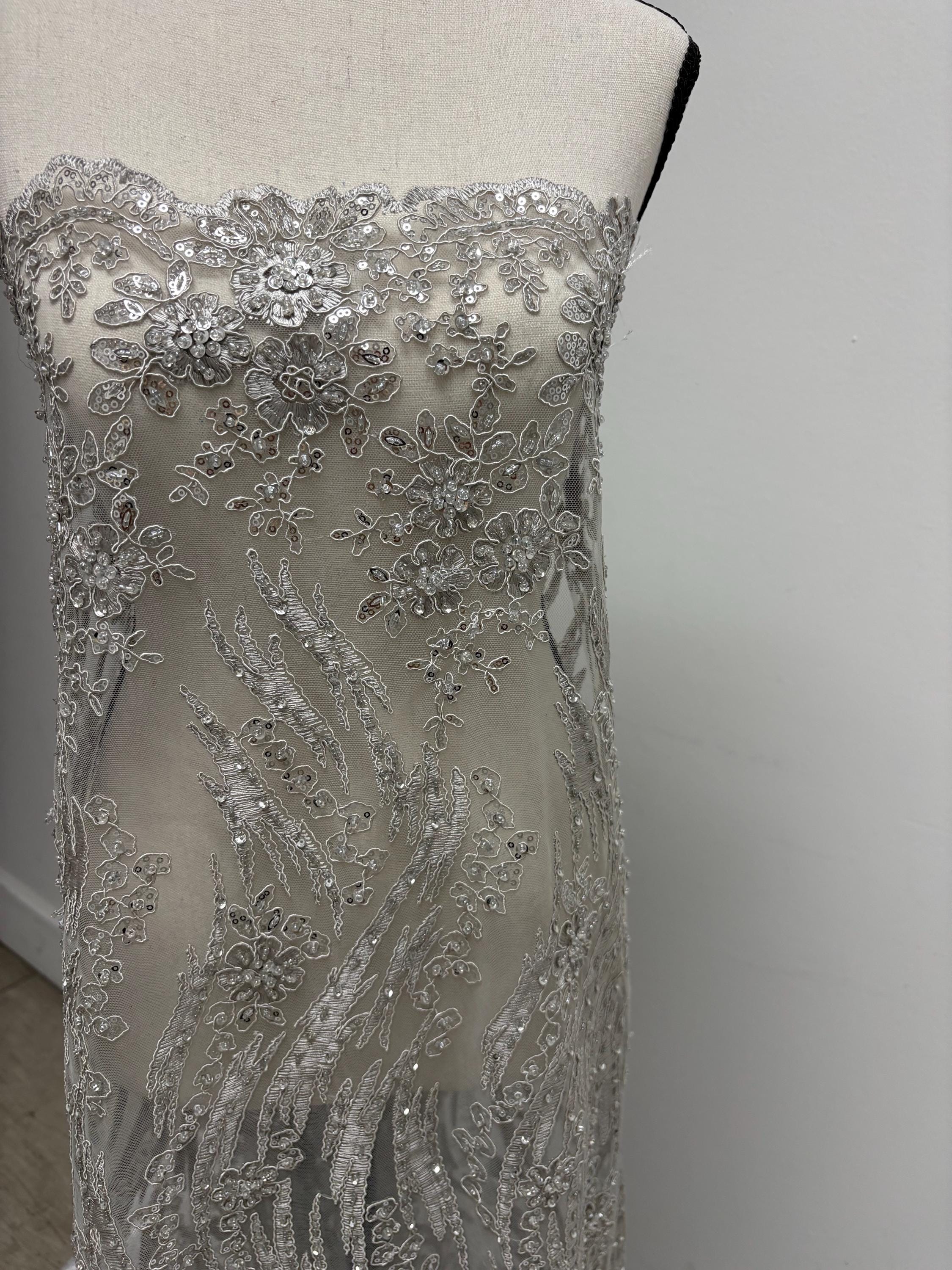 Silver Gray Beaded lace, Double scalloped Sequence Beaded Embroidery width 49/50" design MH-1803. free sample.