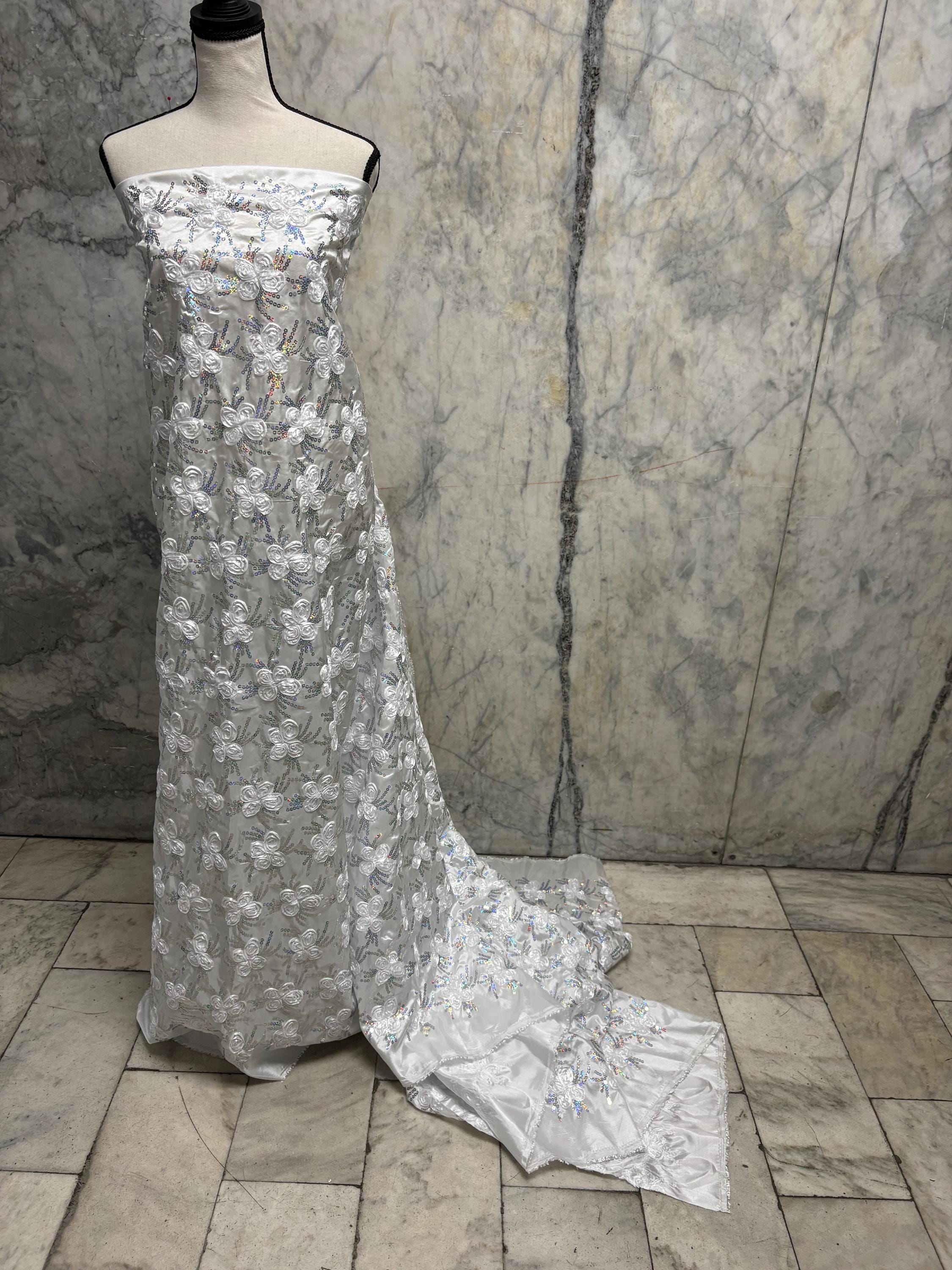 White embroidery sequence taffeta bridal fabric. design JH-120529-1.rose bud pattern. tela de encaje de color blanco