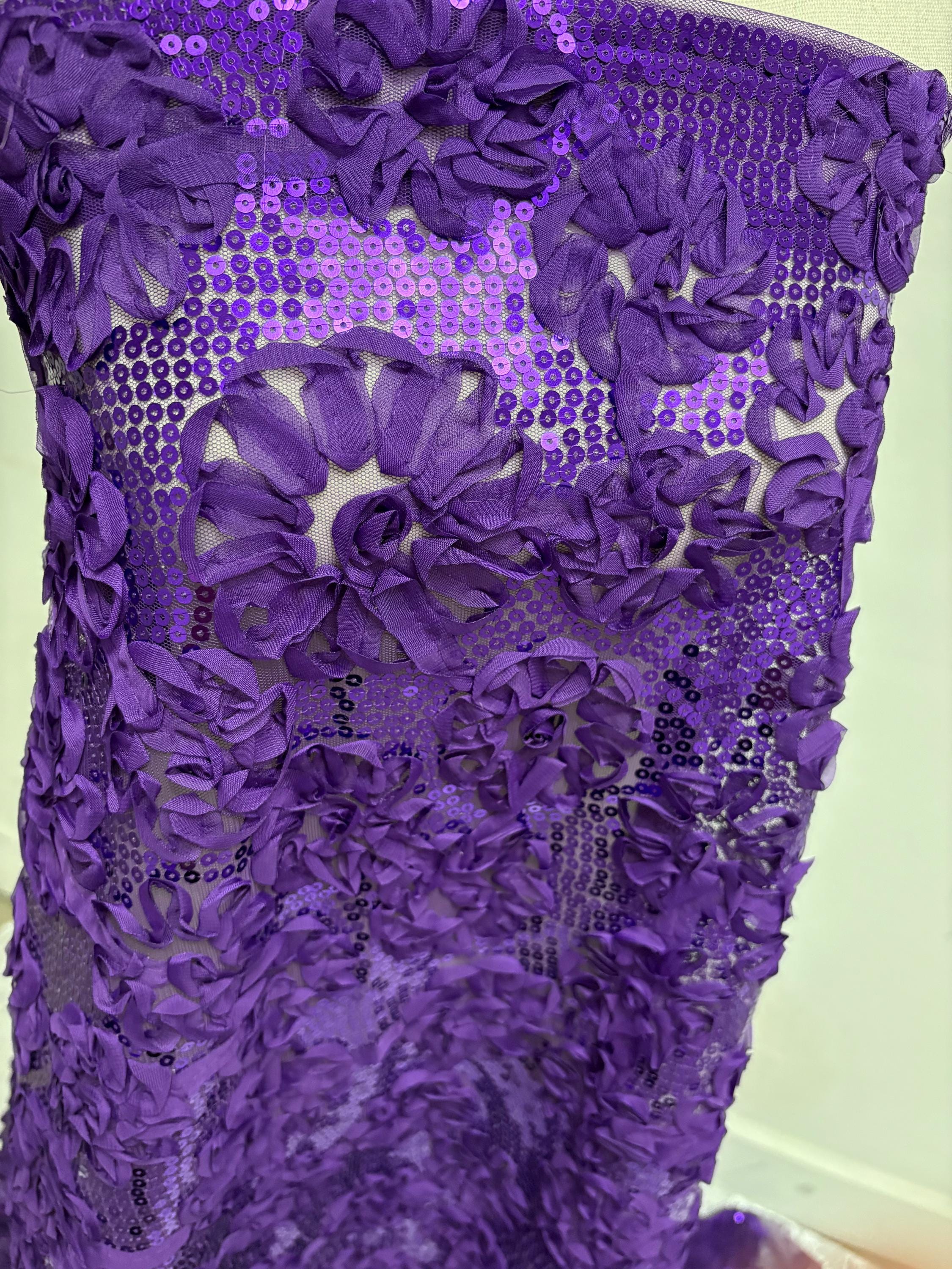 Purple Chiffon sequence ribbon on mesh fabric. Style Big flower JH-120322-9. plain mesh on both side.