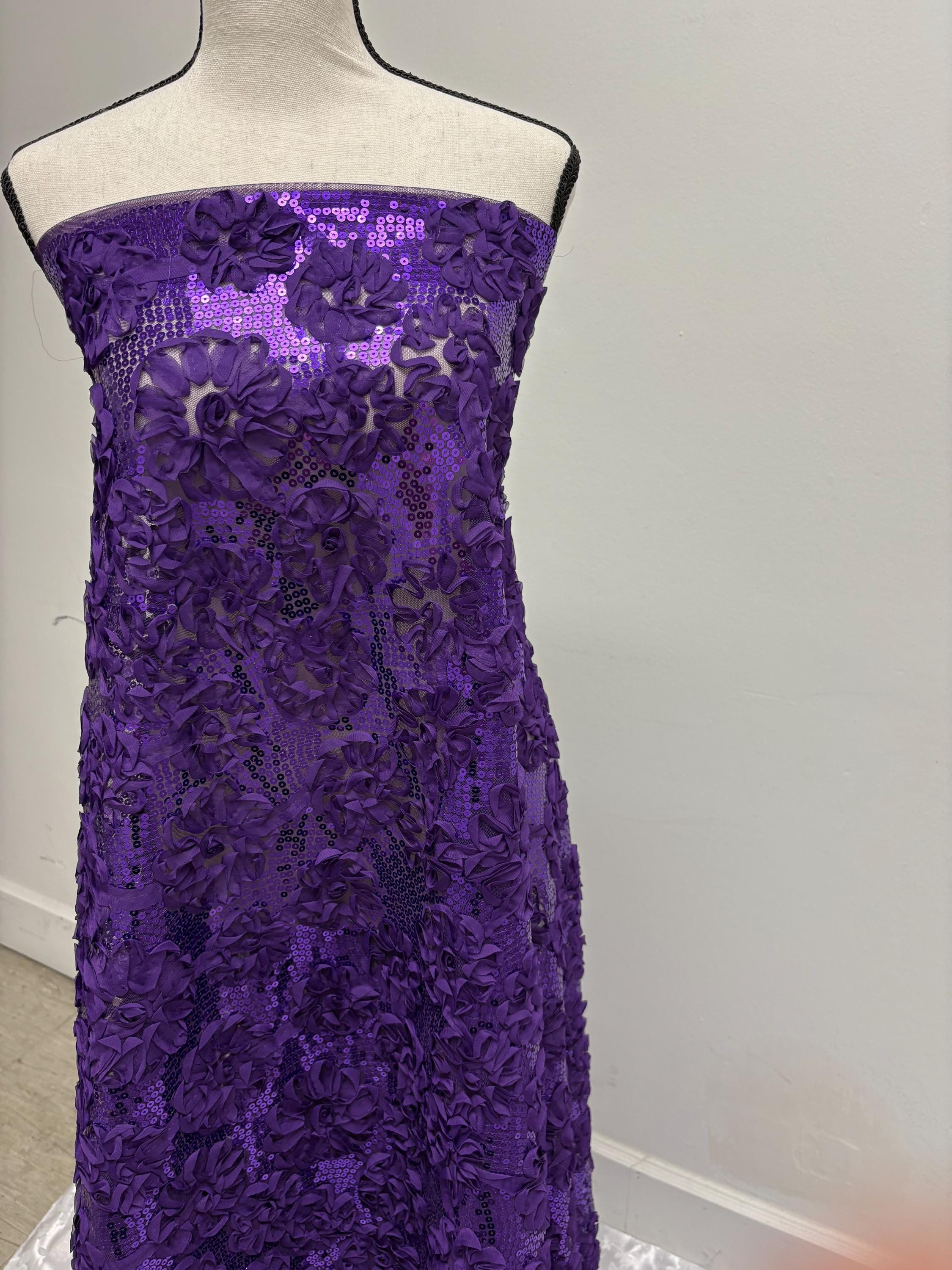 Purple Chiffon sequence ribbon on mesh fabric. Style Big flower JH-120322-9. plain mesh on both side.