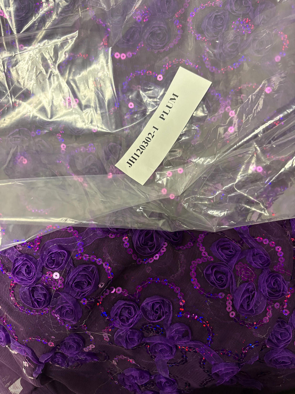 Plum chiffon embroidery sequence mesh fabric, design JH-120302-1. plain mesh on both side.