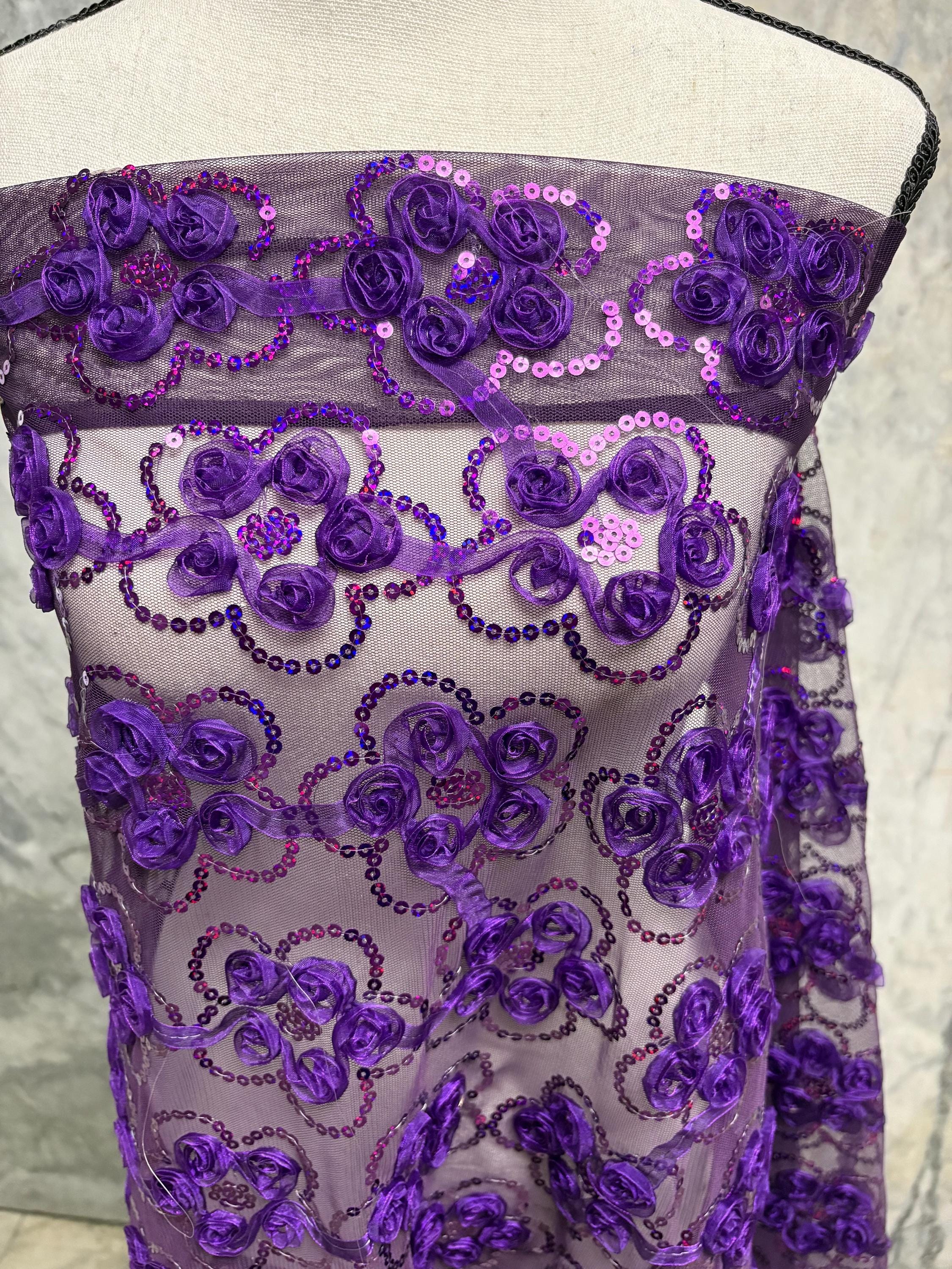 Plum chiffon embroidery sequence mesh fabric, design JH-120302-1. plain mesh on both side.