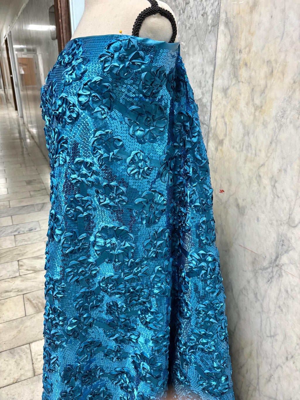 Teal satin ribbon embroidery with sequence fabric design JH-120322-9. plain satin on both side.