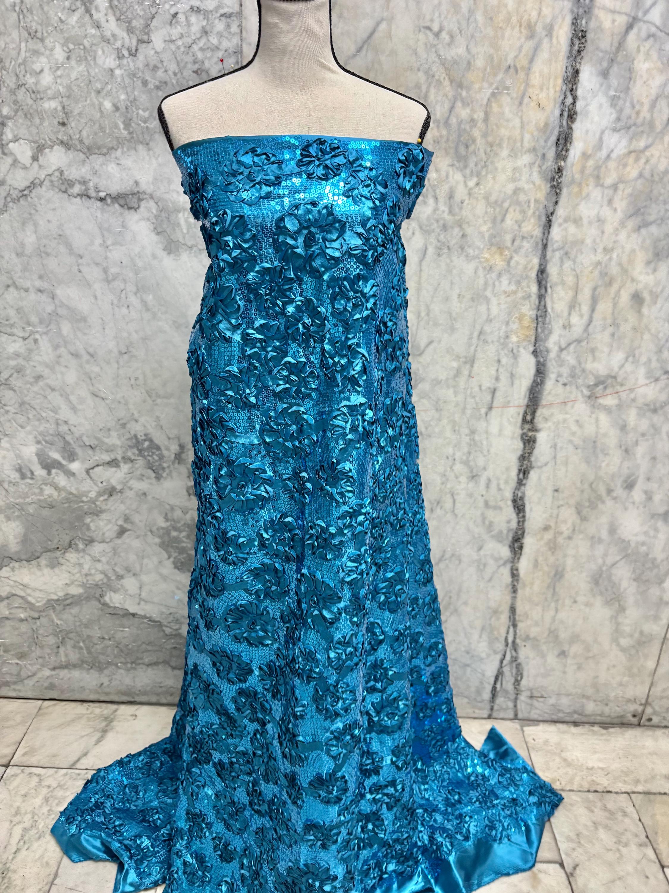 Teal satin ribbon embroidery with sequence fabric design JH-120322-9. plain satin on both side.