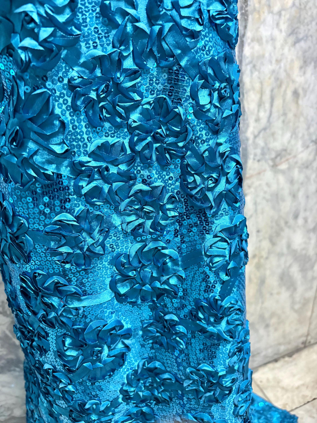 Teal satin ribbon embroidery with sequence fabric design JH-120322-9. plain satin on both side.