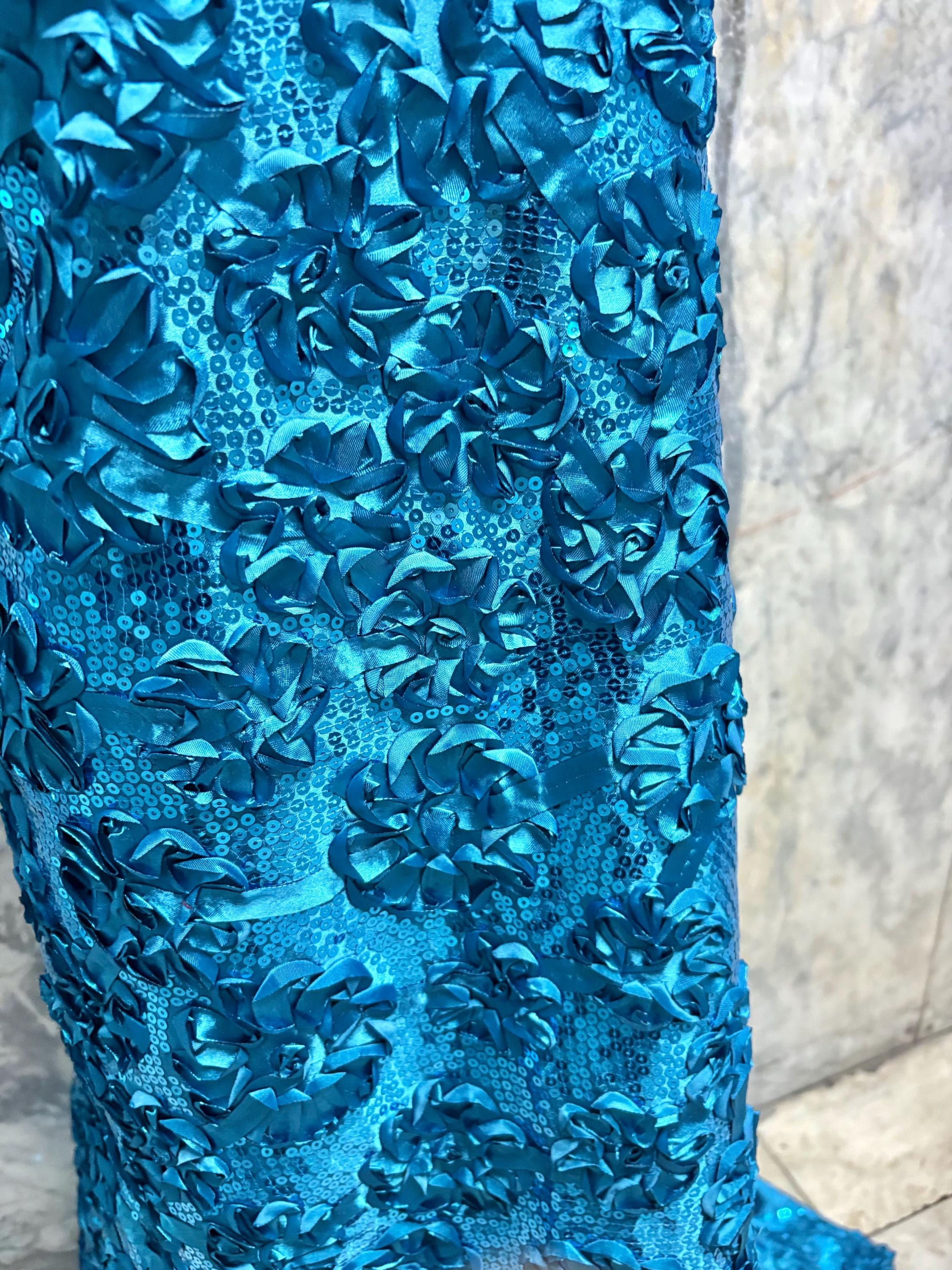 Teal satin ribbon embroidery with sequence fabric design JH-120322-9. plain satin on both side.