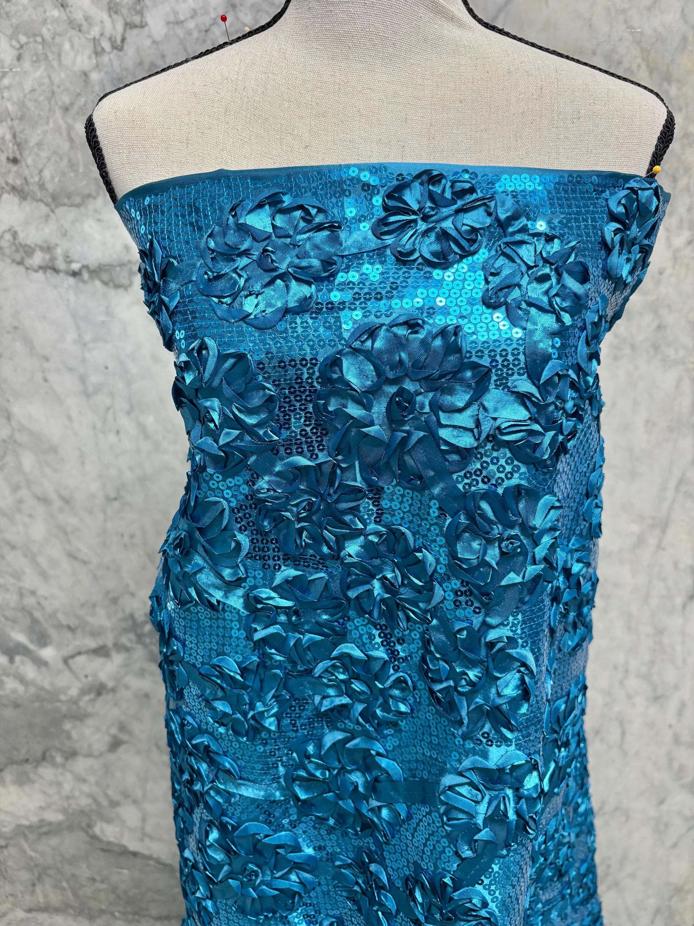 Teal satin ribbon embroidery with sequence fabric design JH-120322-9. plain satin on both side.
