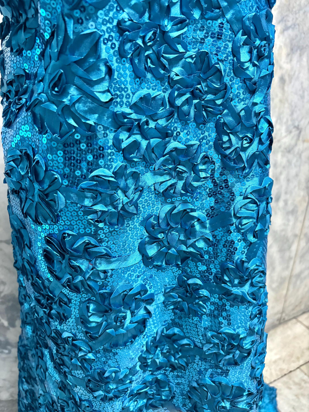 Teal satin ribbon embroidery with sequence fabric design JH-120322-9. plain satin on both side.