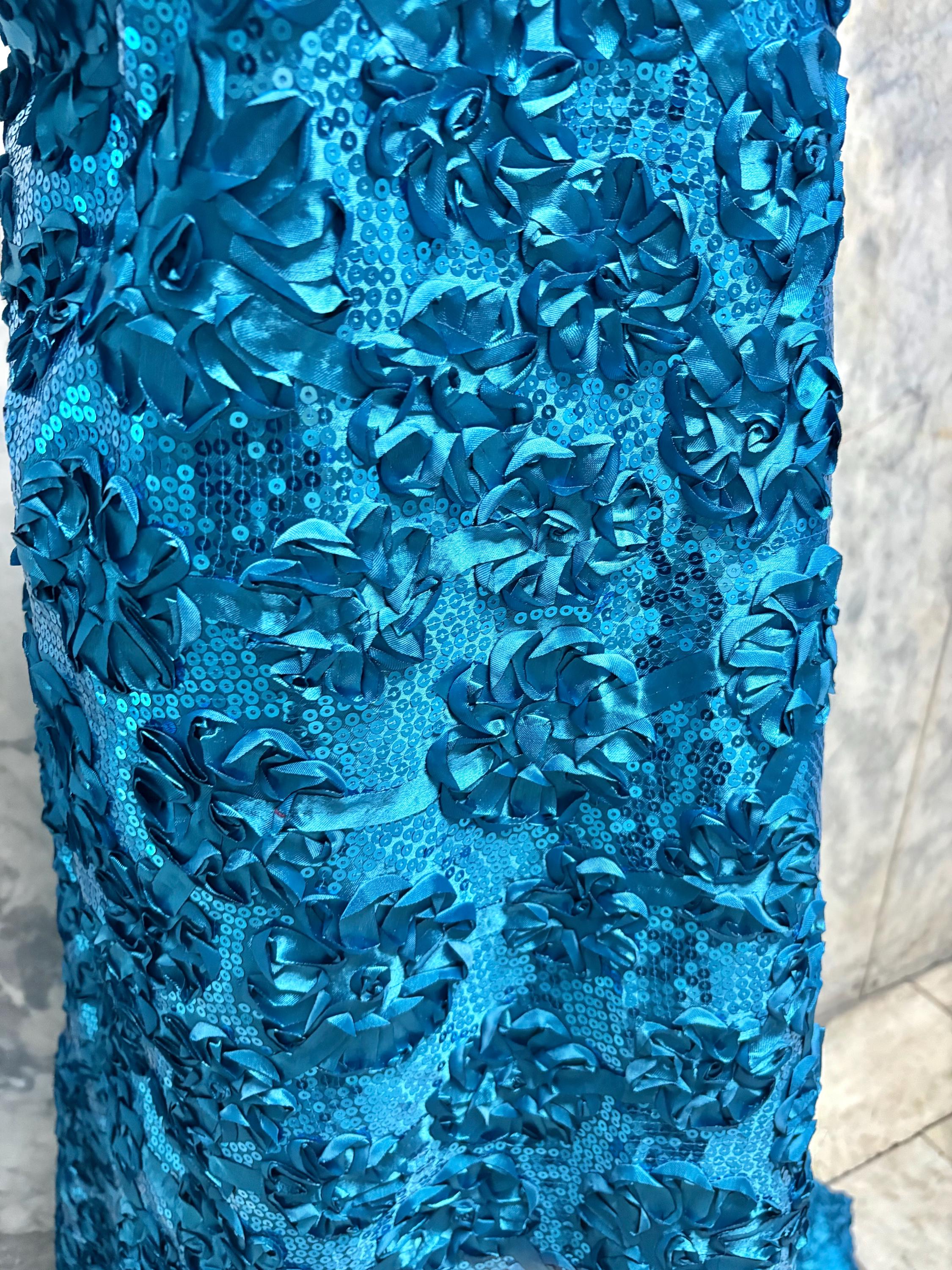 Teal satin ribbon embroidery with sequence fabric design JH-120322-9. plain satin on both side.