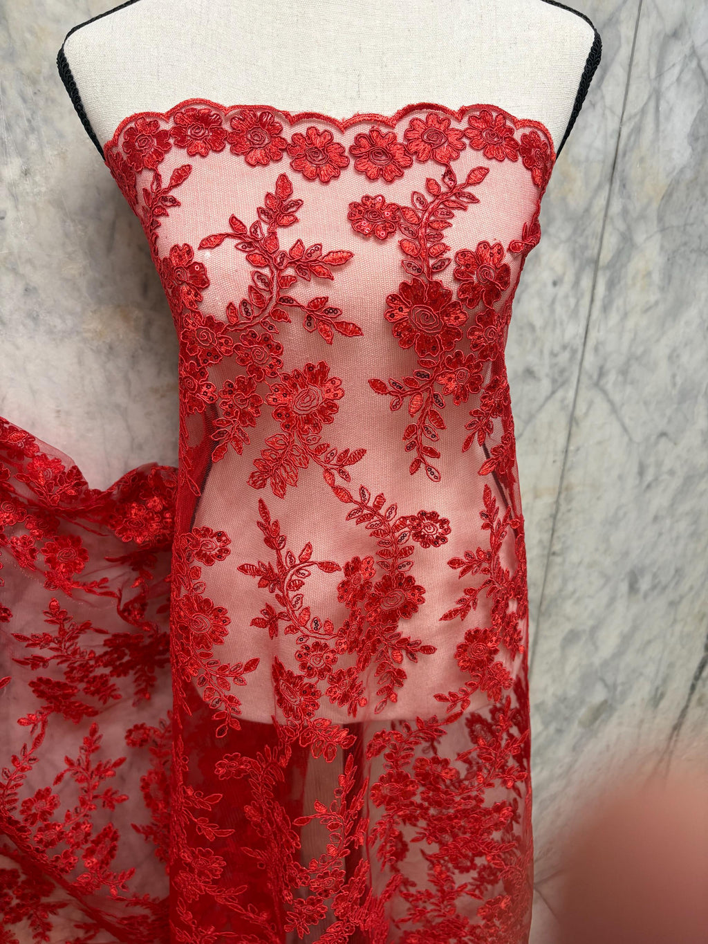 Red Lace fabric design bloom 6 width 49"