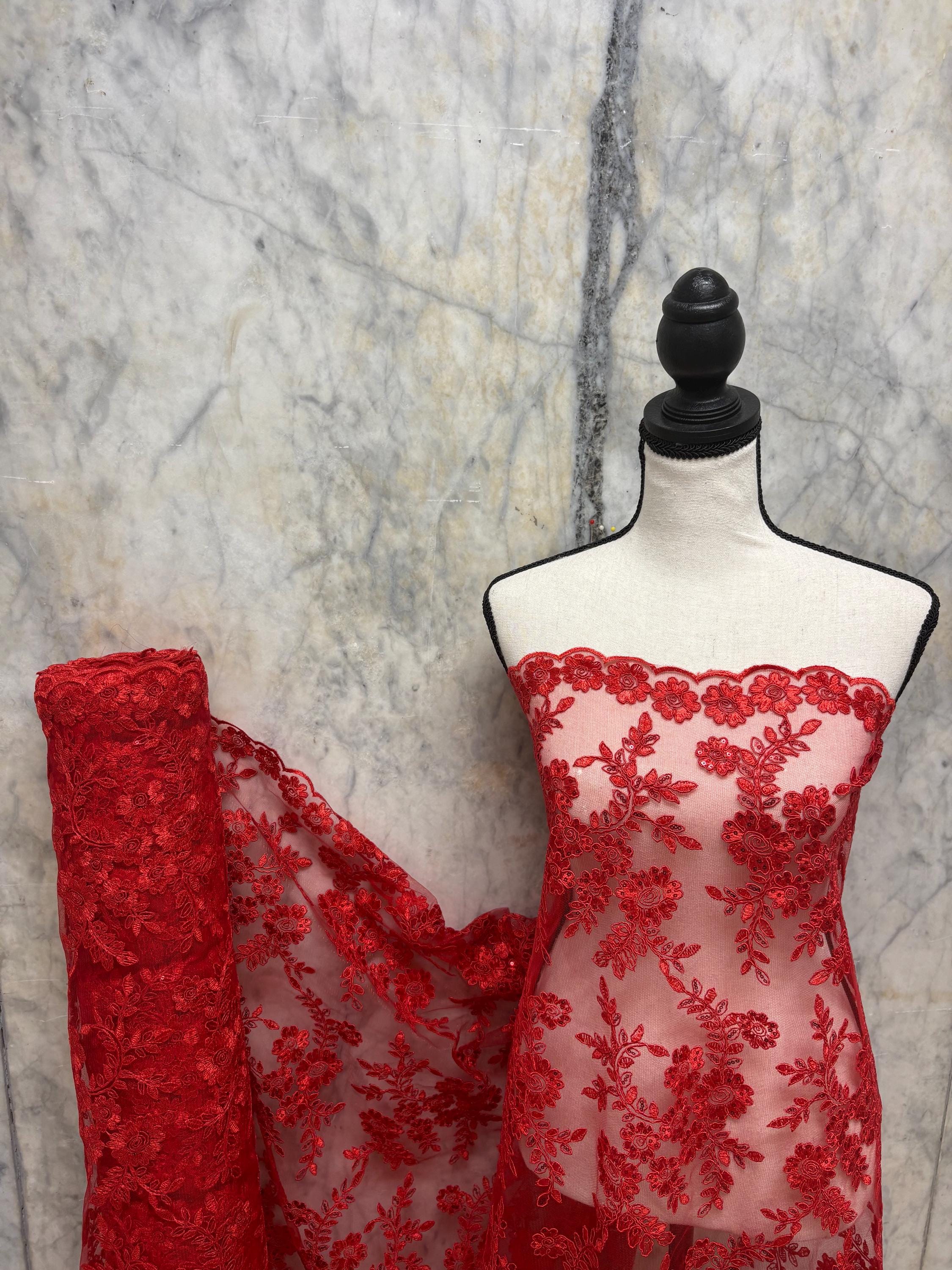 Red Lace fabric design bloom 6 width 49"