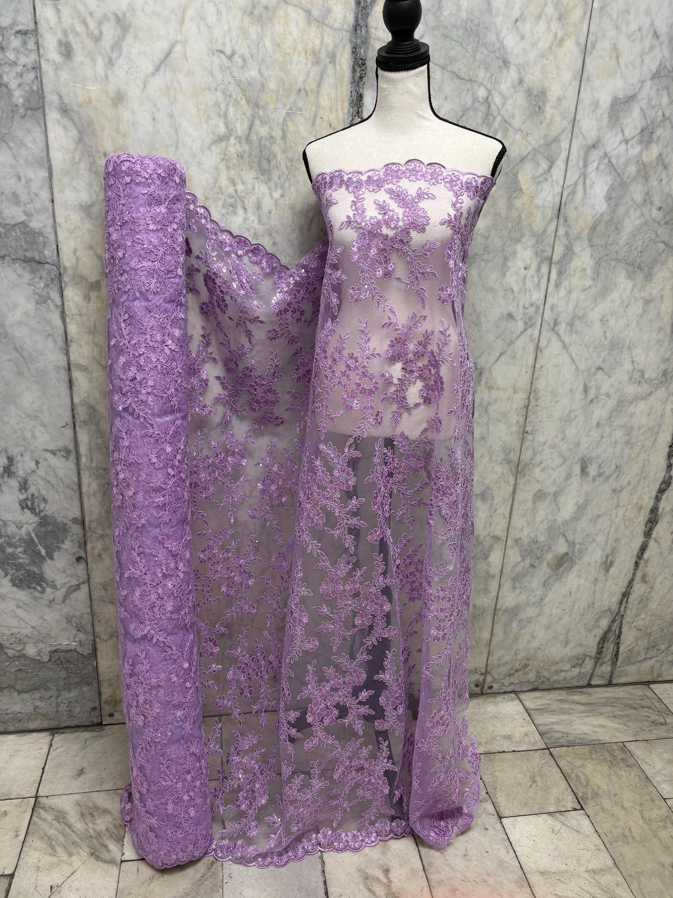 Lilac Lace fabric design bloom 6 width 49", Double scalloped embroidery sequence.