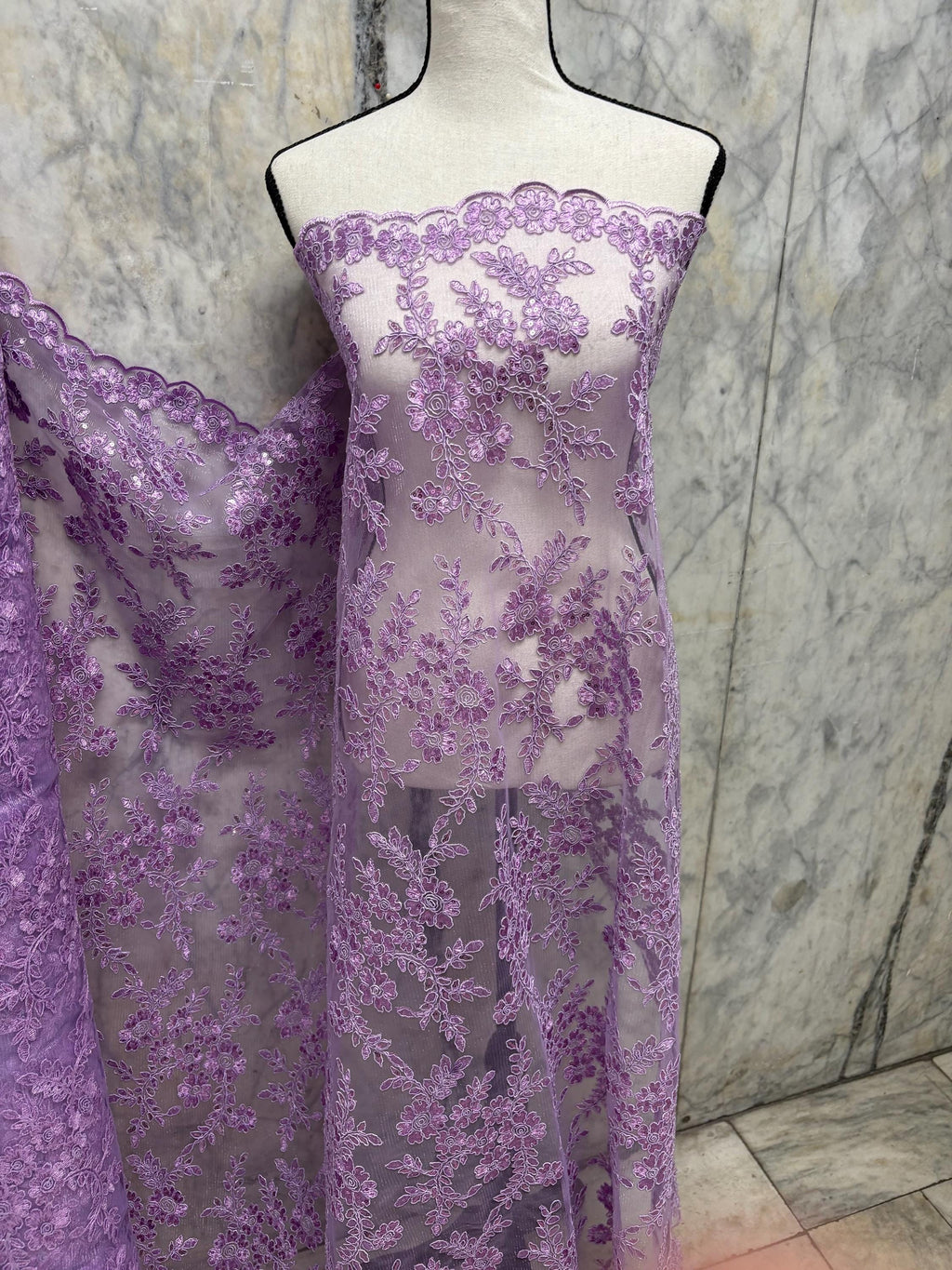 Lilac Lace fabric design bloom 6 width 49", Double scalloped embroidery sequence.