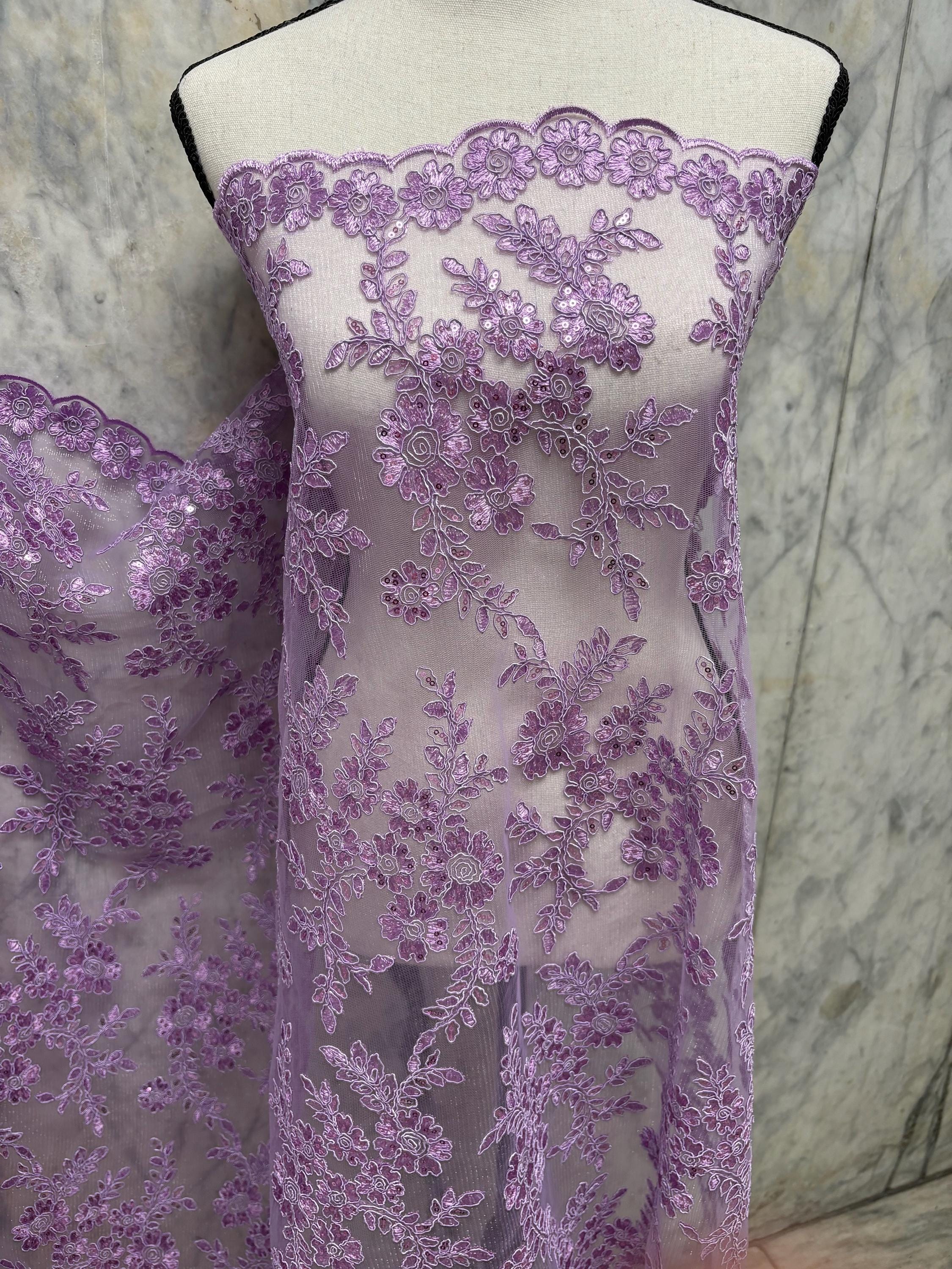 Lilac Lace fabric design bloom 6 width 49", Double scalloped embroidery sequence.