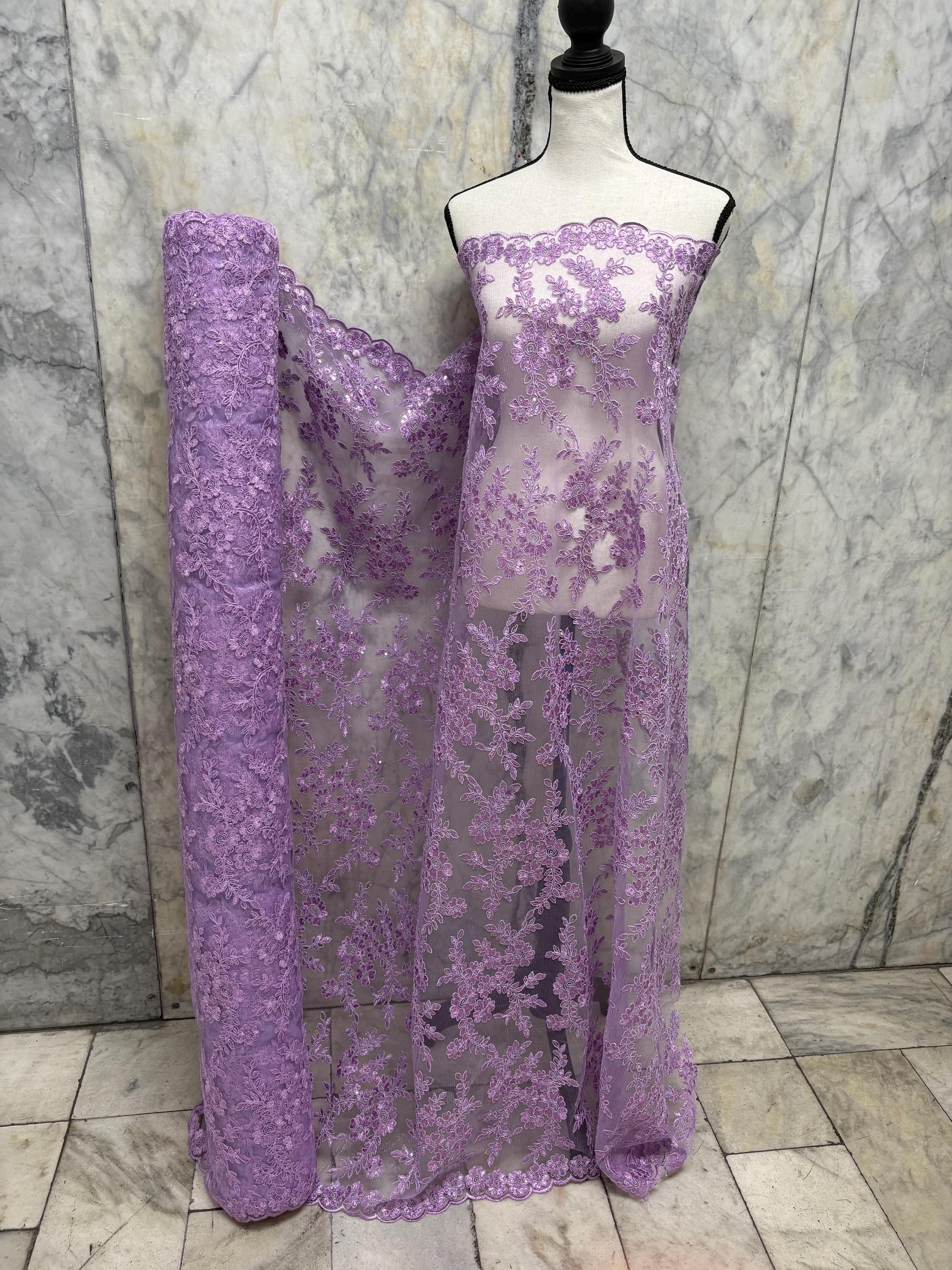 Lilac Lace fabric design bloom 6 width 49", Double scalloped embroidery sequence.