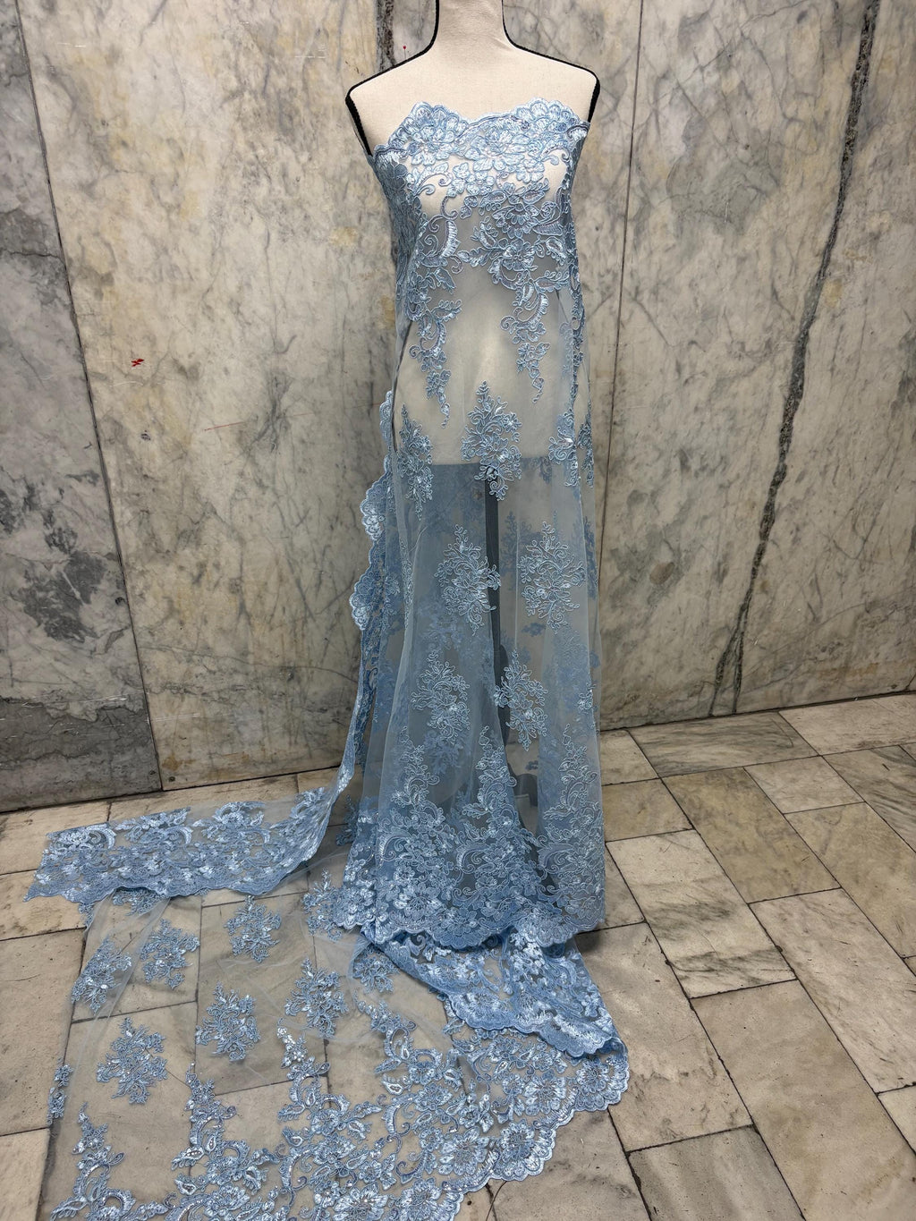 Blue Lace Fabric Design US50. Double scalloped sequence embroidered width 49/50 inches. condition New. sell by yard.