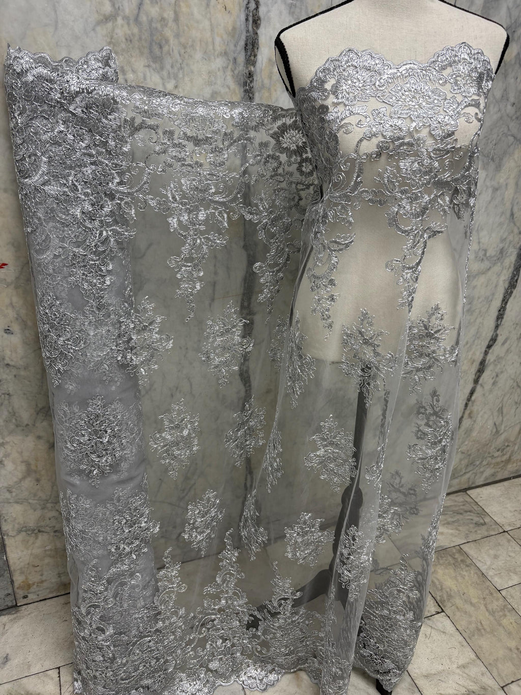 Lace Design#US50 color grey width 49/50 inches, Double scalloped Sequence Embroidery. 49/50". free sample.