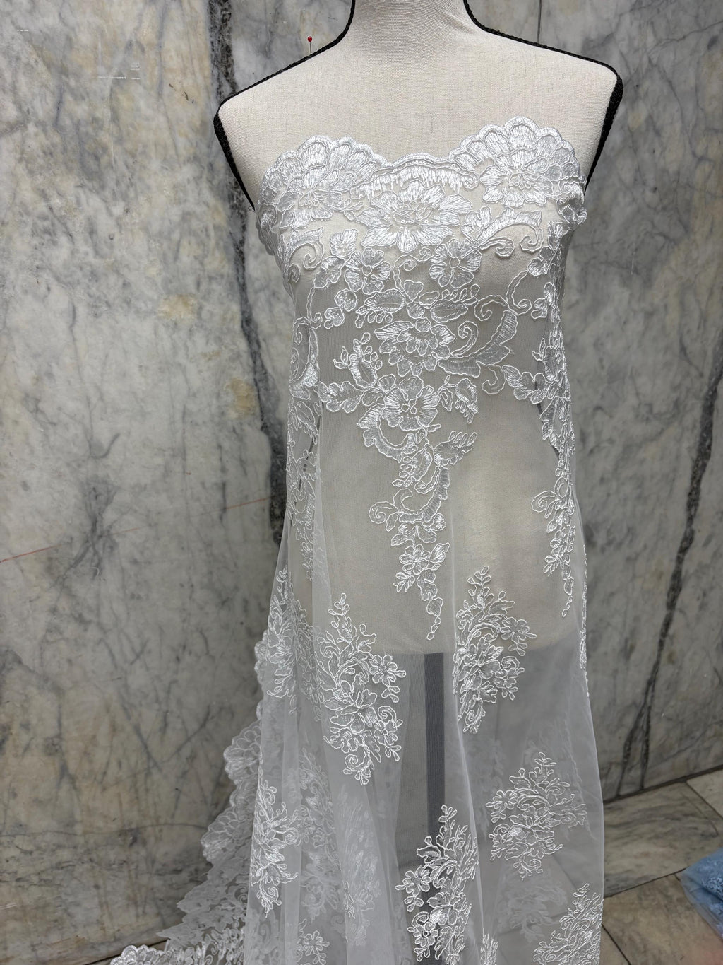 White Lace Fabric Design US50. Double scalloped sequence embroidered width 49/50 inches. condition New. sell by yard. tela de encaje blanco