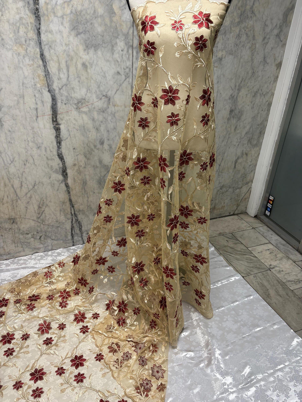 Lace Floral Embroidery on Mesh fabric, width 49/50" Color gold / Burgundy flower. Design RO 0455116