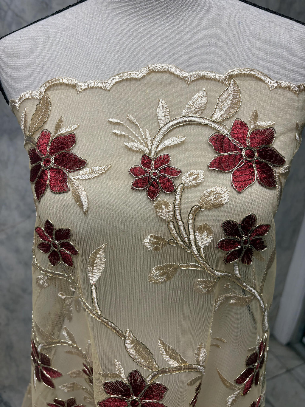 Lace Floral Embroidery on Mesh fabric, width 49/50" Color gold / Burgundy flower. Design RO 0455116