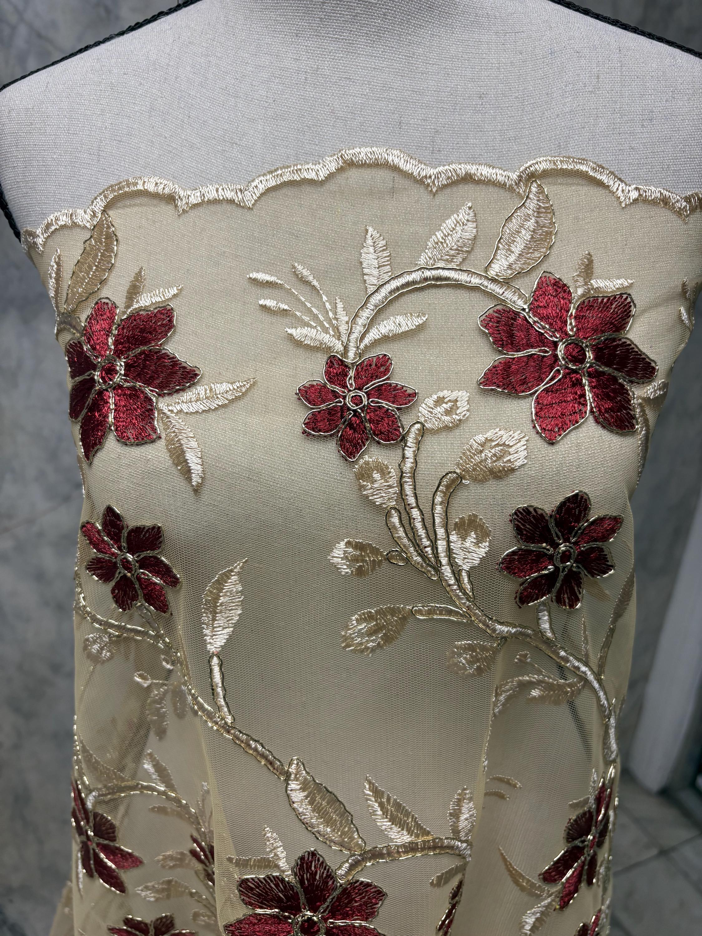 Lace Floral Embroidery on Mesh fabric, width 49/50" Color gold / Burgundy flower. Design RO 0455116