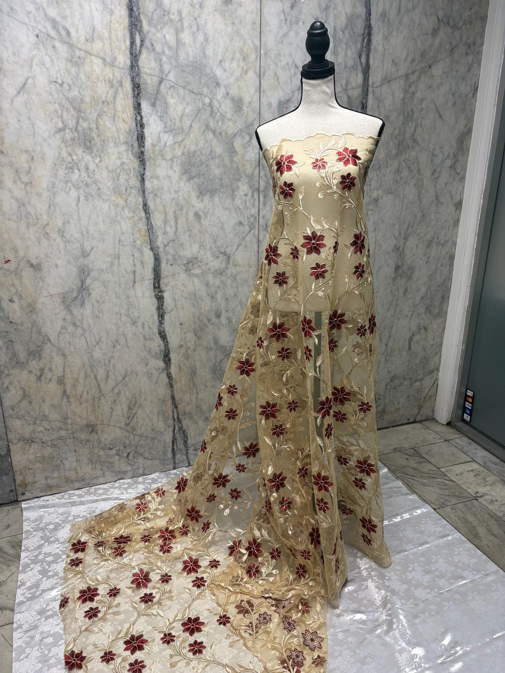 Lace Floral Embroidery on Mesh fabric, width 49/50" Color gold / Burgundy flower. Design RO 0455116