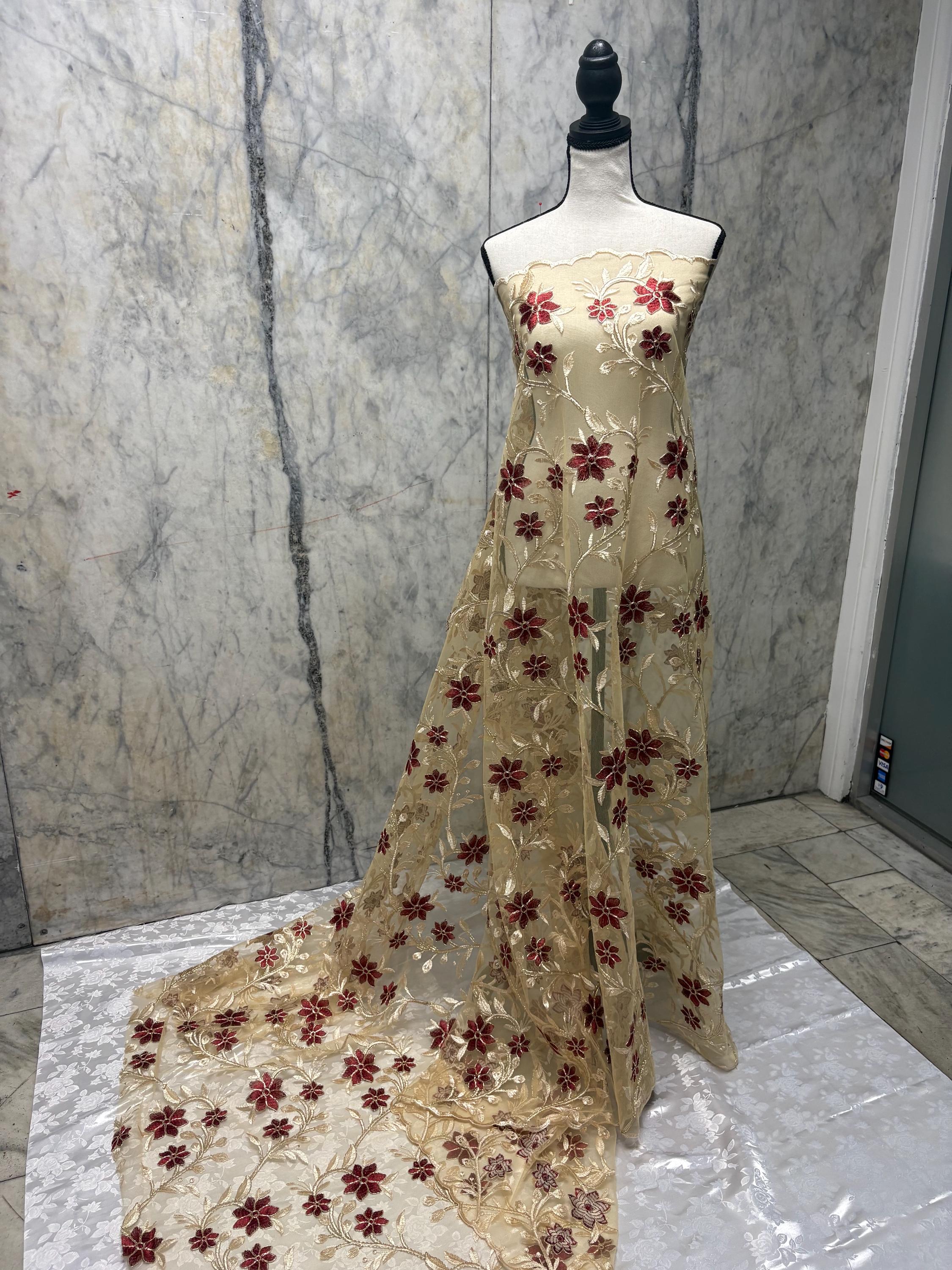 Lace Floral Embroidery on Mesh fabric, width 49/50" Color gold / Burgundy flower. Design RO 0455116