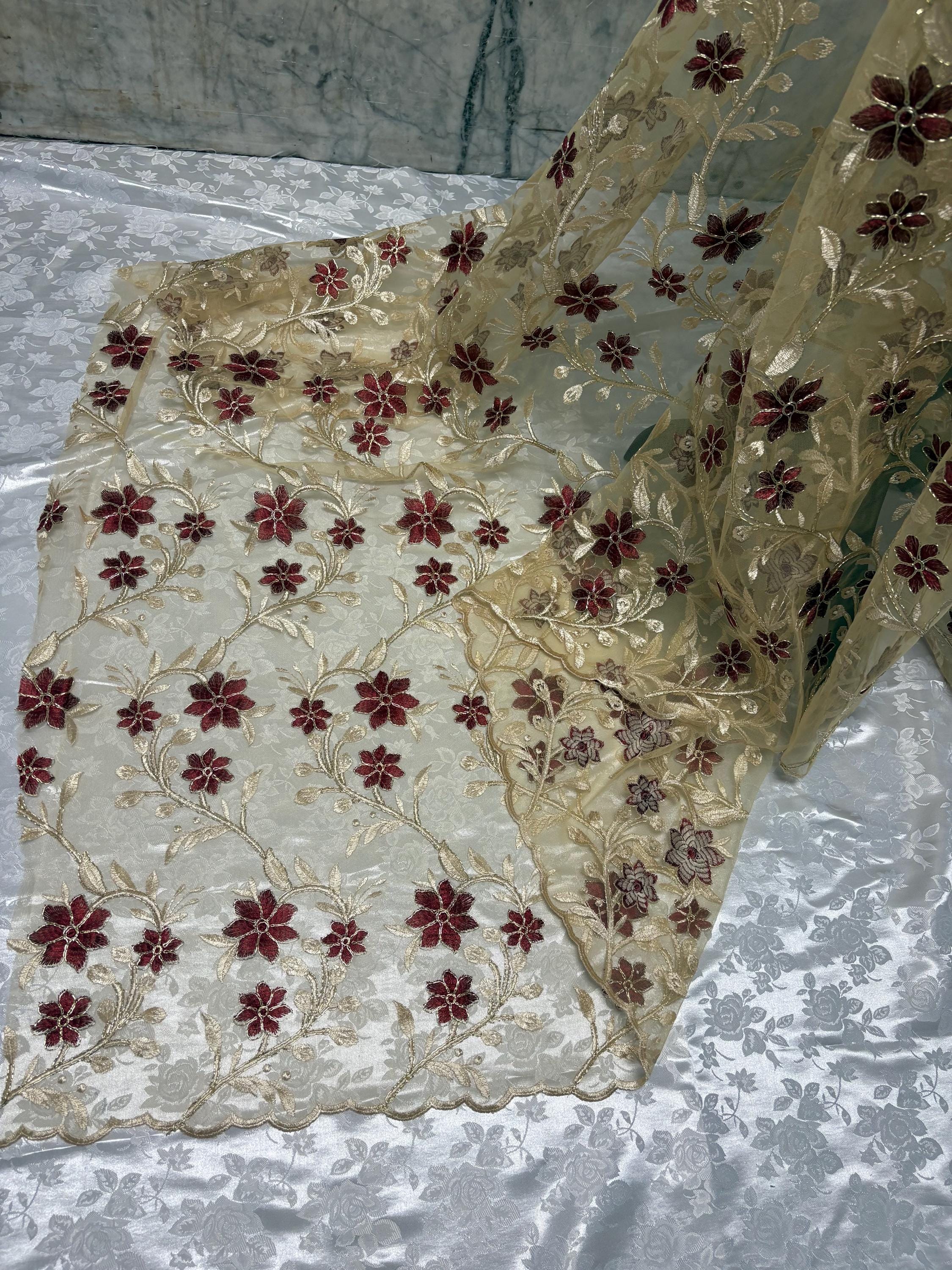 Lace Floral Embroidery on Mesh fabric, width 49/50" Color gold / Burgundy flower. Design RO 0455116