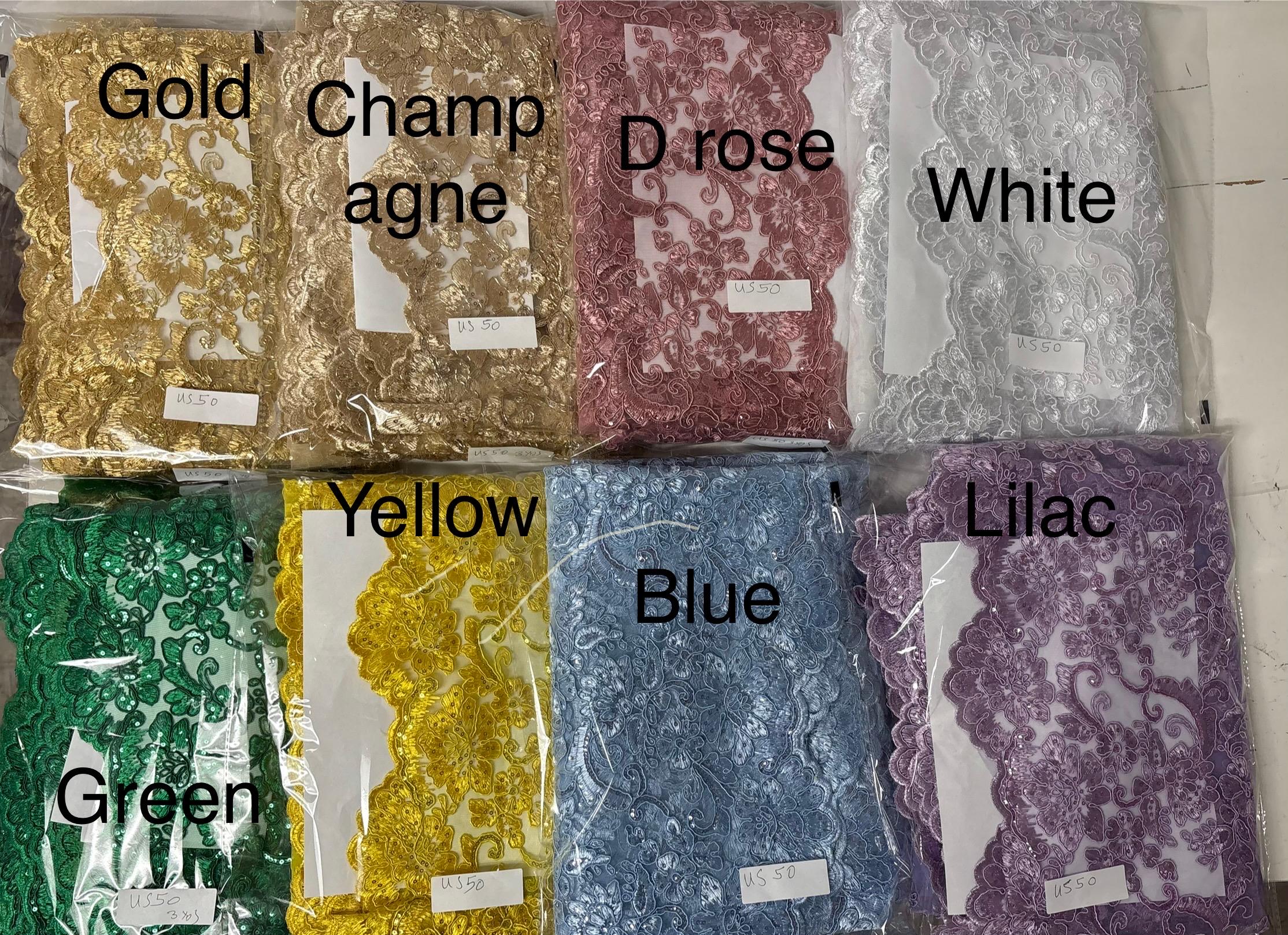 Lace Fabric Design US50. Double scalloped sequence embroidered width 49/50 inches. free sample shop with confidence.
